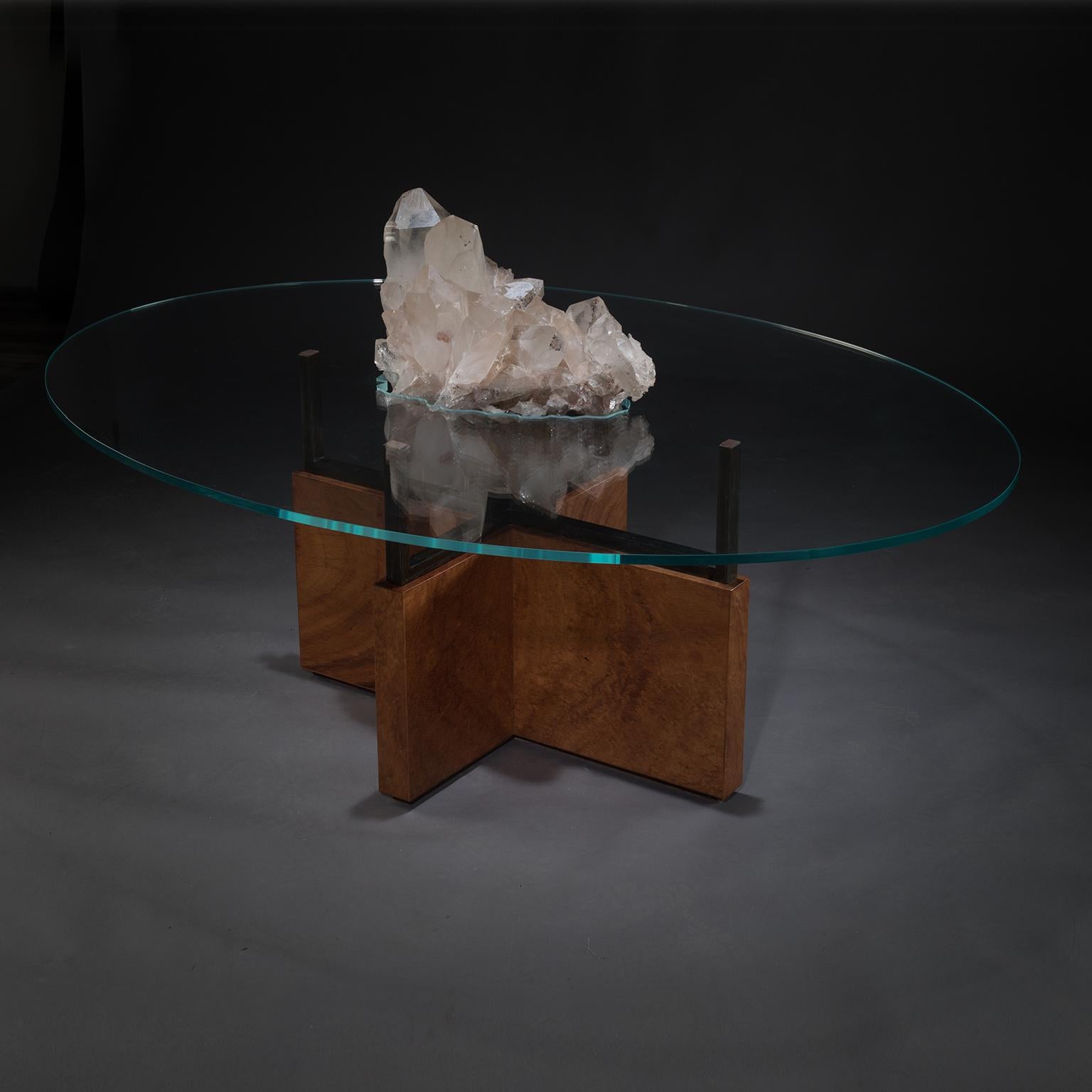 Polished Studio Greytak 'Iceberg Table 6' Himalayan Quartz, Solid Bronze, Monkey Pod Wood For Sale