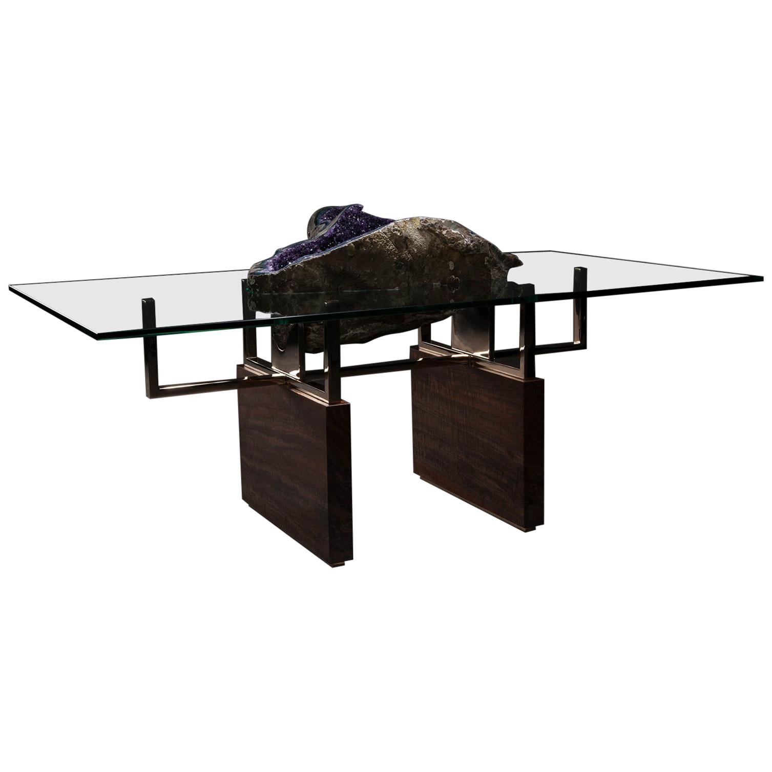 Studio Greytak 'Iceberg Table 1' with Amethyst, Polished Bronze, and Burl Walnut For Sale