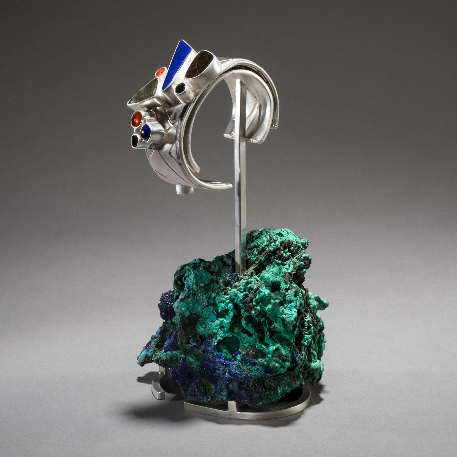 Modern Studio Greytak 'Lapis Cuff on Azurite' with Lapis Lazuli, Ammolite and Fire Opal For Sale