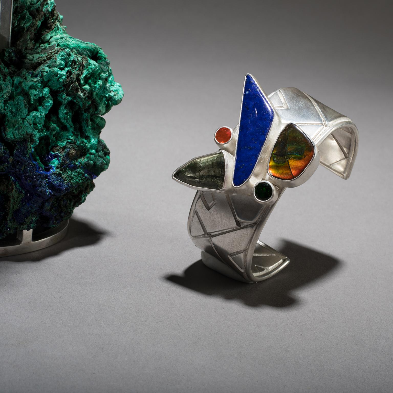 Studio Greytak 'Lapis Cuff on Azurite' with Lapis Lazuli, Ammolite and Fire Opal For Sale 1