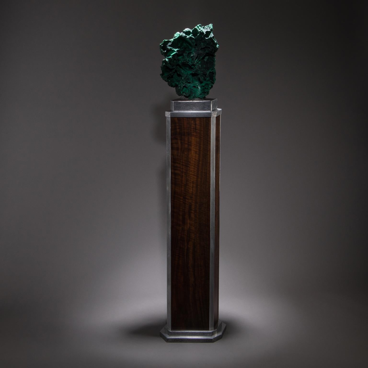 Stained Studio Greytak 'Malachite on Walnut and Aluminium Base' Malachite Pedestal Art For Sale