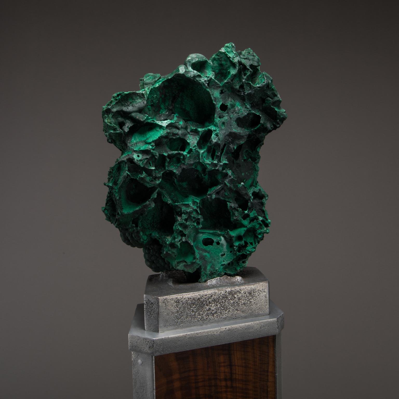 Studio Greytak 'Malachite on Walnut and Aluminium Base' Malachite Pedestal Art In New Condition For Sale In Missoula, MT