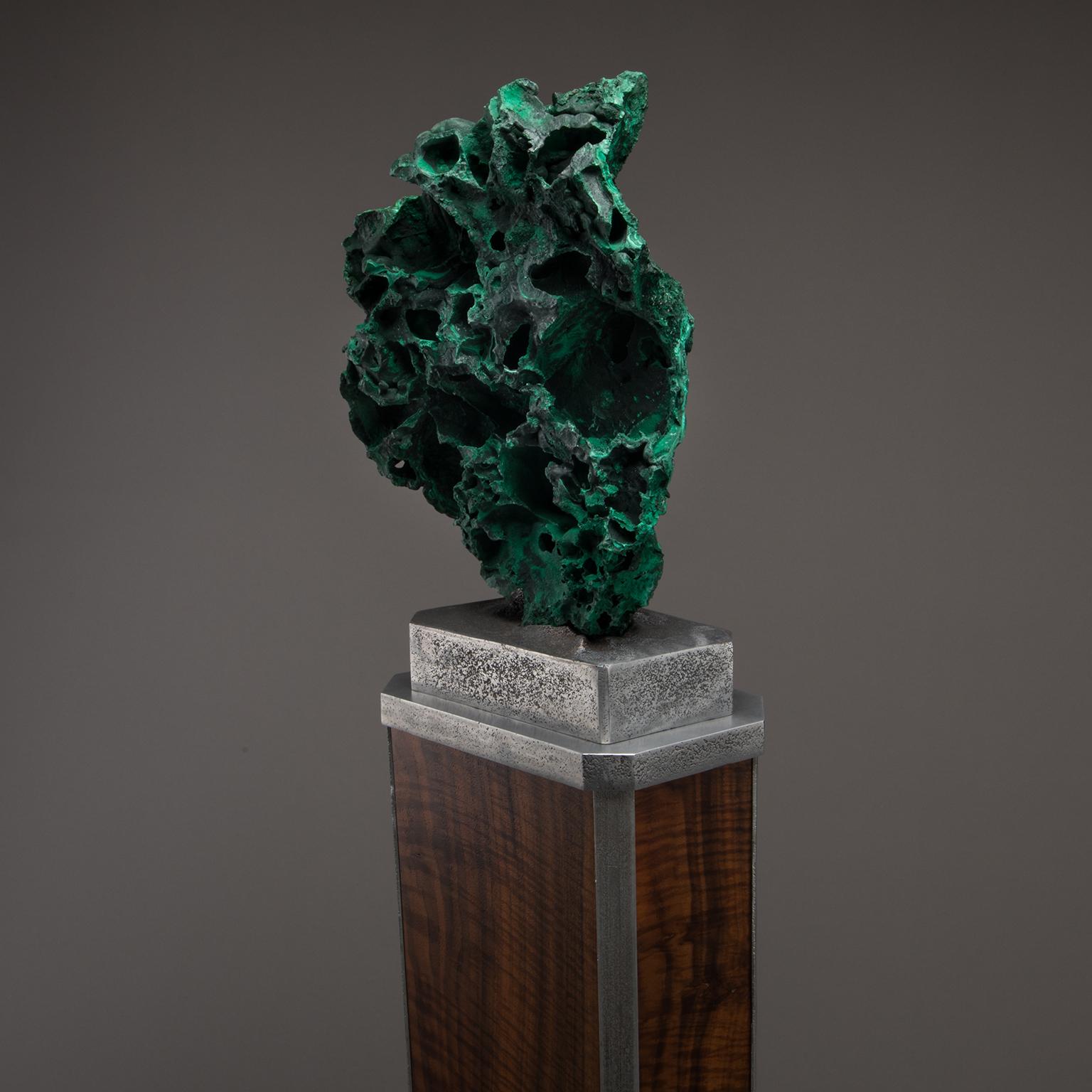 Studio Greytak 'Malachite on Walnut and Aluminium Base' Malachite Pedestal Art For Sale 1