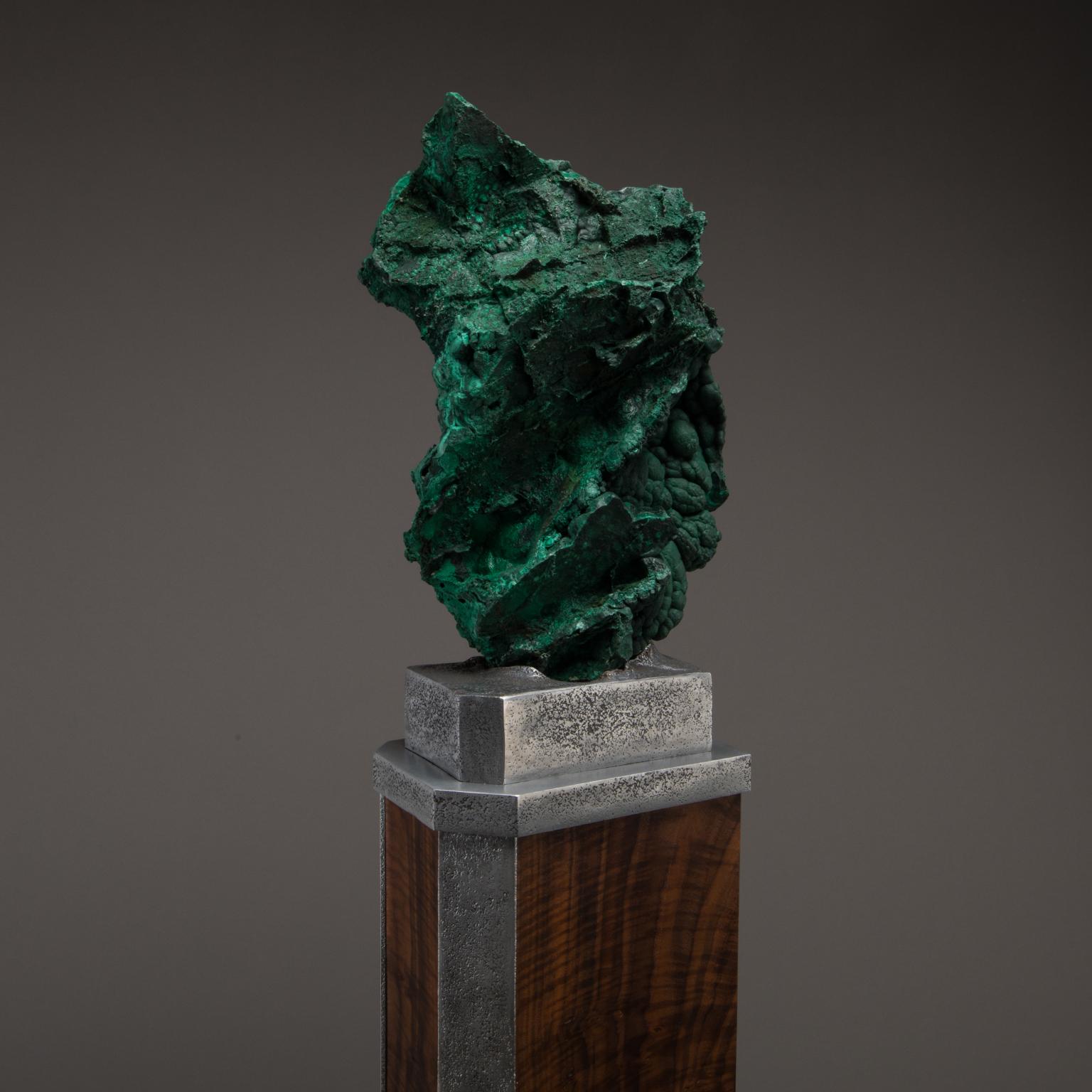 Studio Greytak 'Malachite on Walnut and Aluminium Base' Malachite Pedestal Art For Sale 2