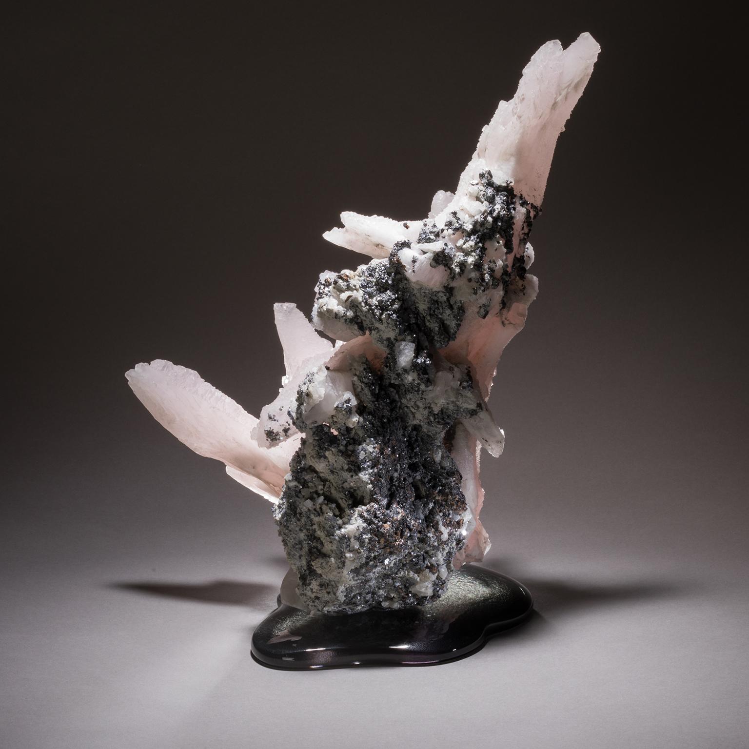 Art Glass Studio Greytak 'Manganoan Calcite on Cast Glass' Pink Calcite on Black Glass For Sale