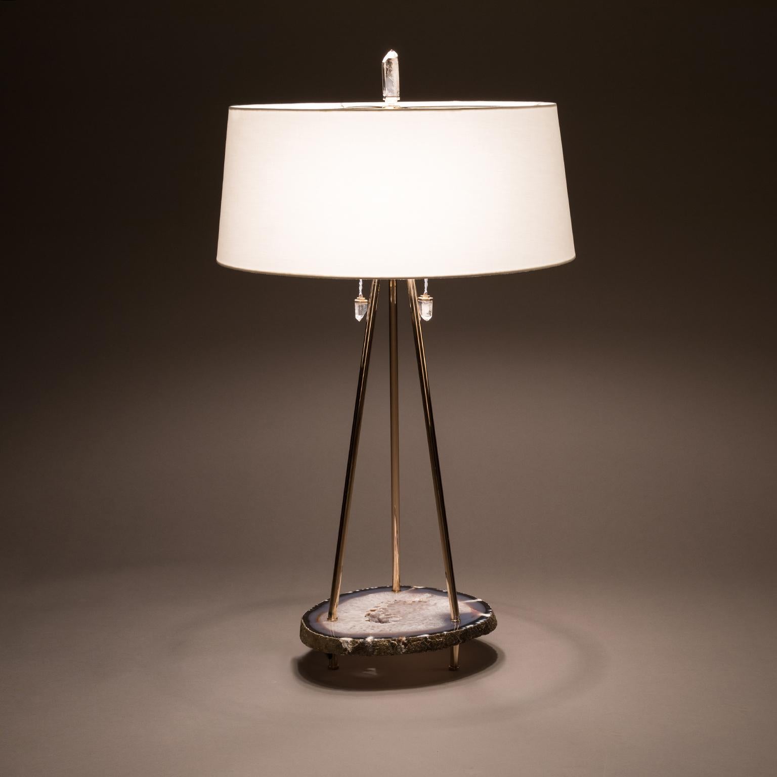 Modern Studio Greytak 'Pyramid Lamp 1' Brazilian Agate, Mirror Polished Bronze & Quartz For Sale