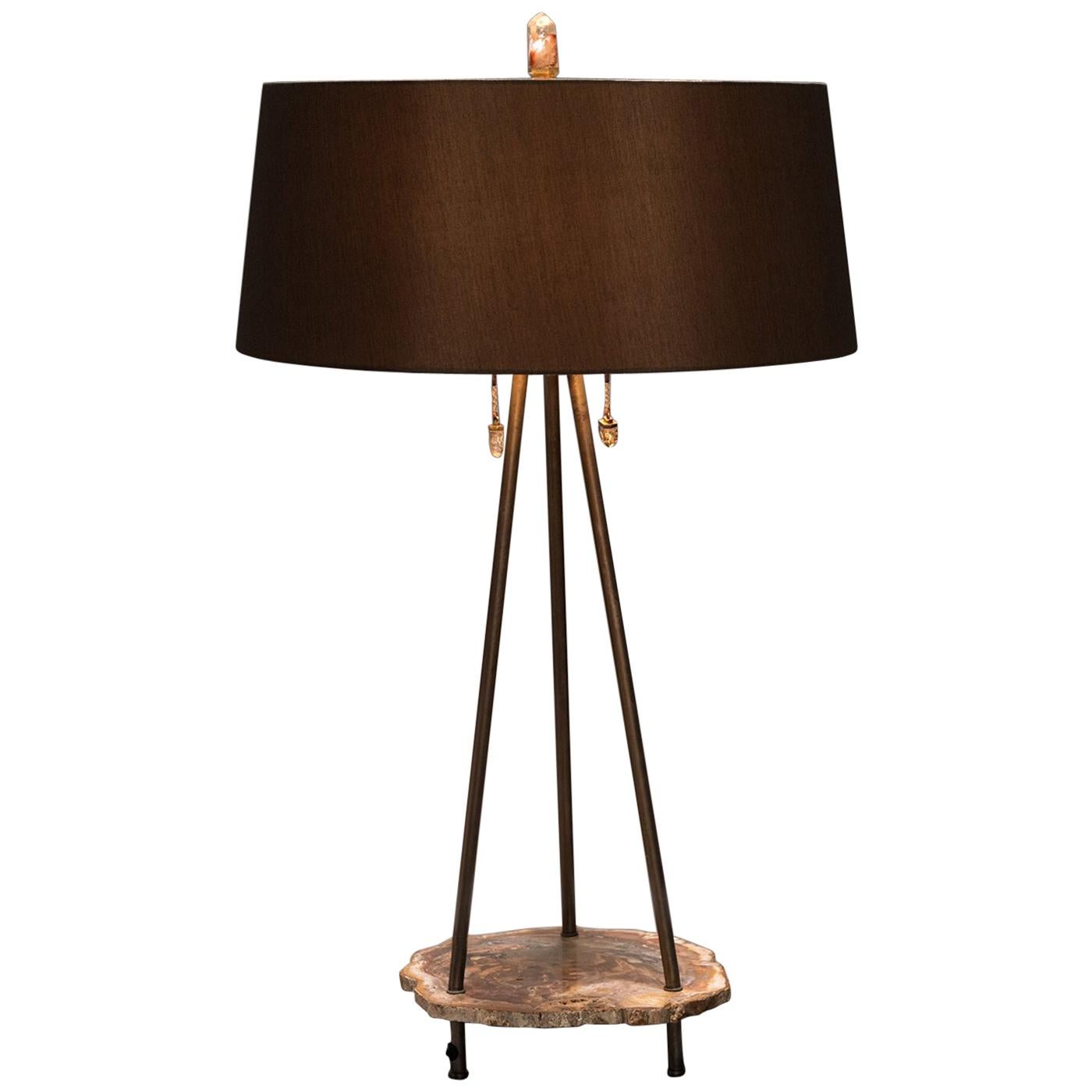 Studio Greytak "Pyramid Lamp 3" Petrified Wood, Bronze and Quartz Table Lamp