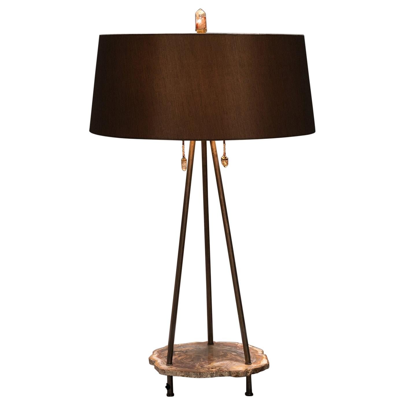 Studio Greytak "Pyramid Lamp 4" Petrified Wood, Bronze and Quartz Table Lamp