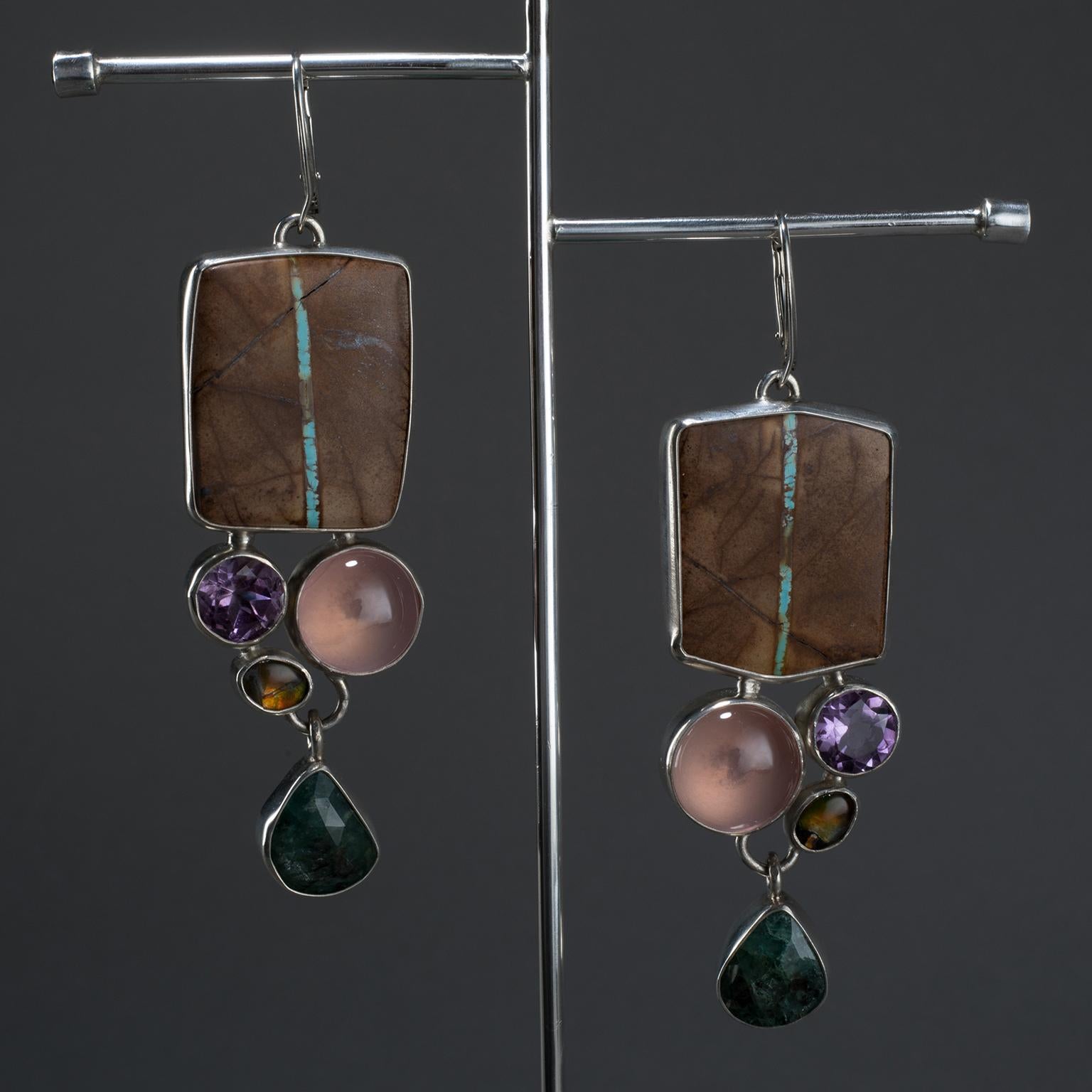 Studio Greytak 'Royston Turquoise Earrings on Malachite' Emerald & Rose Quartz For Sale 3