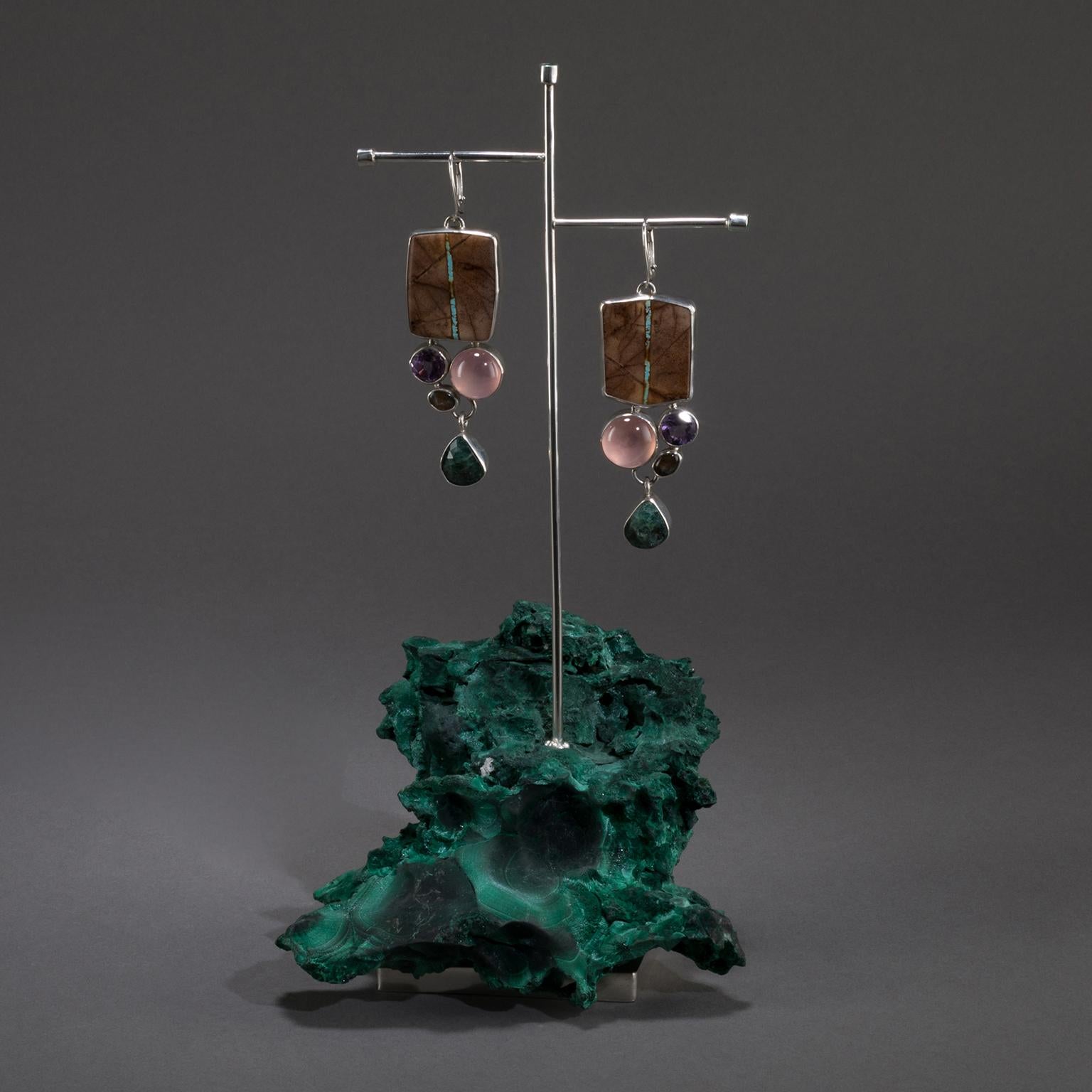 Modern Studio Greytak 'Royston Turquoise Earrings on Malachite' Emerald & Rose Quartz For Sale