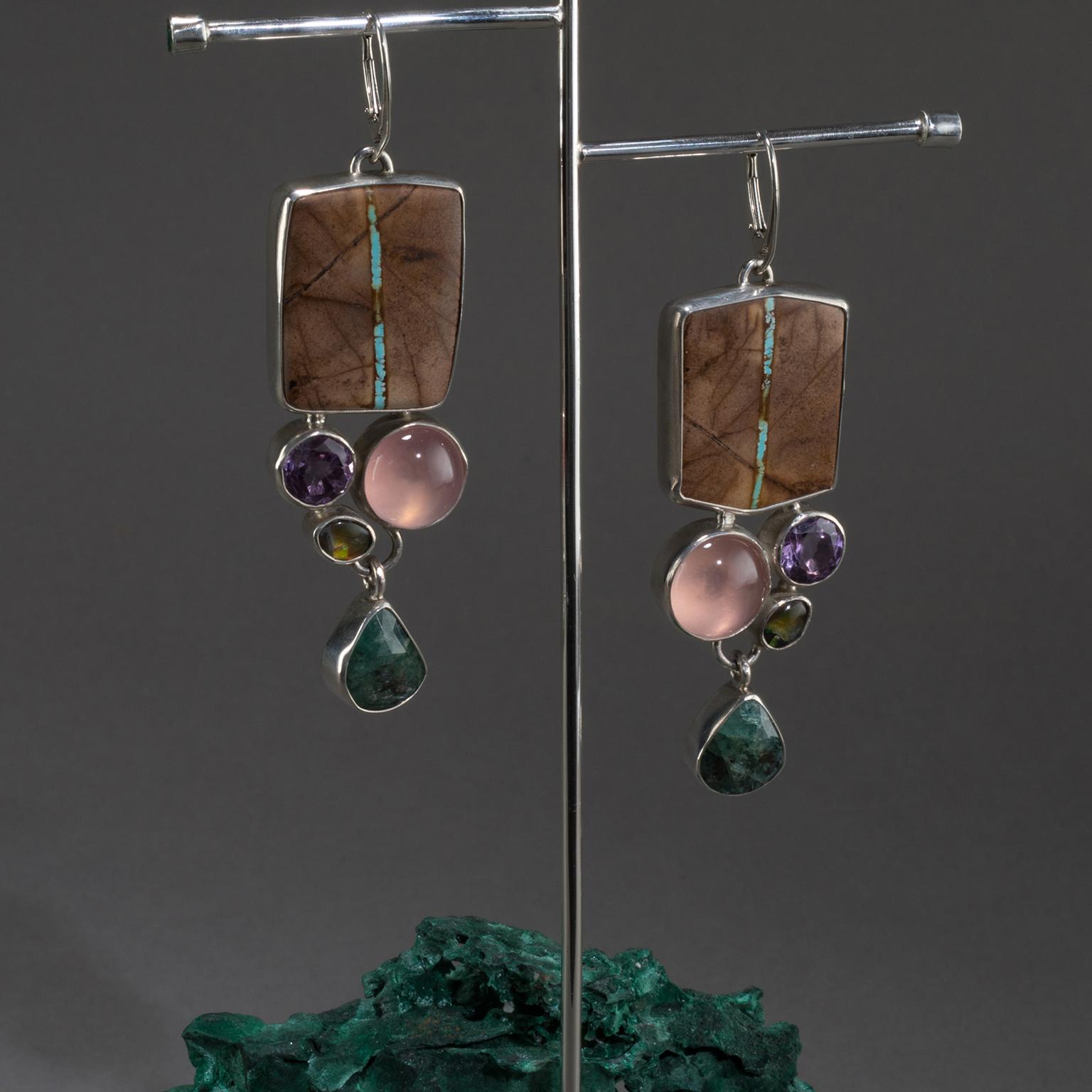 Cabochon Studio Greytak 'Royston Turquoise Earrings on Malachite' Emerald & Rose Quartz For Sale
