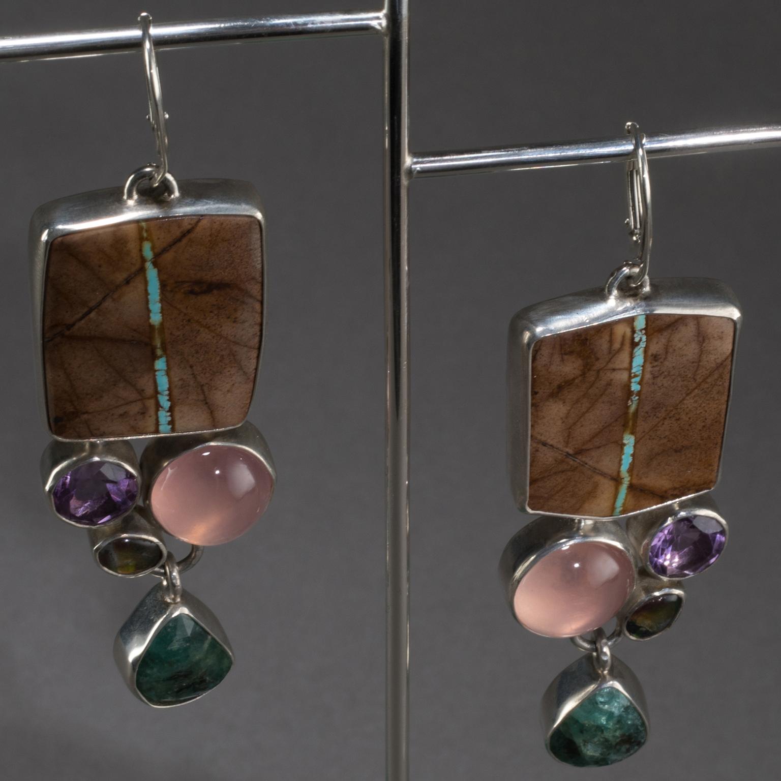 Studio Greytak, boucles d'oreilles Royston Turquoise sur malachite, émeraude et quartz rose en vente 2
