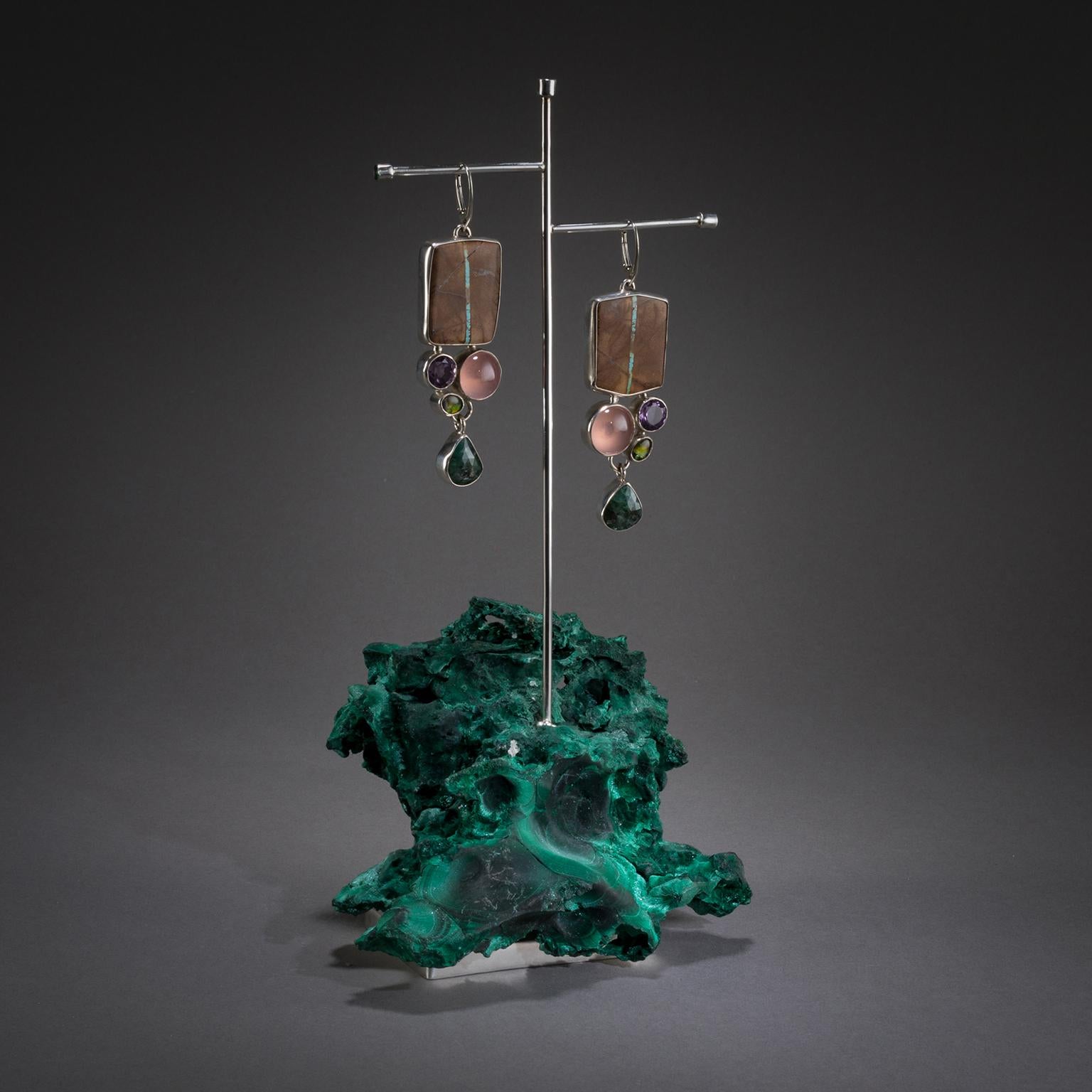 Studio Greytak 'Royston Turquoise Earrings on Malachite' Emerald & Rose Quartz For Sale 1