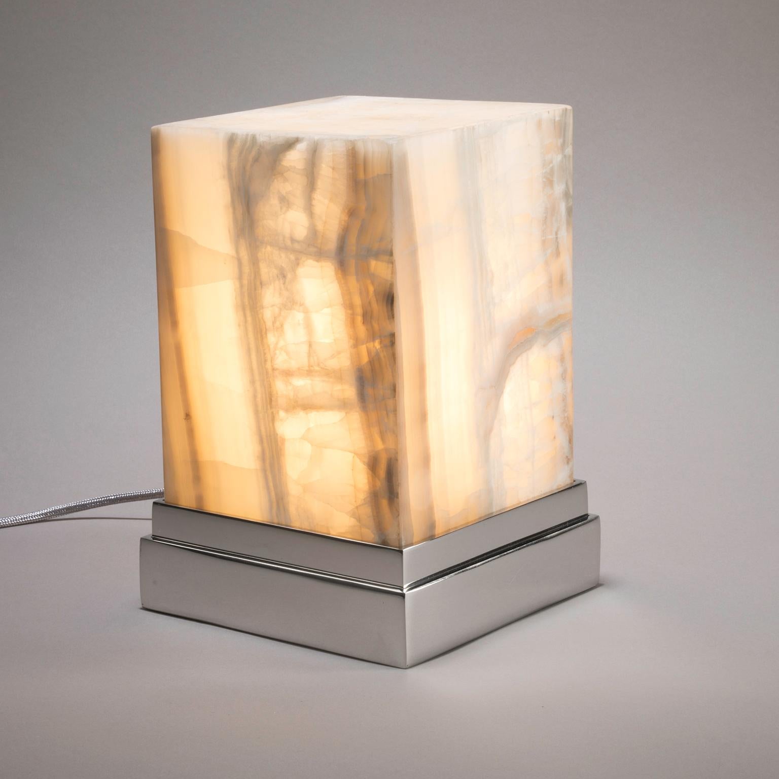 Modern Studio Greytak 'Small Glo 1' Aragonite 'Onyx' and Stainless Steel Lamp For Sale