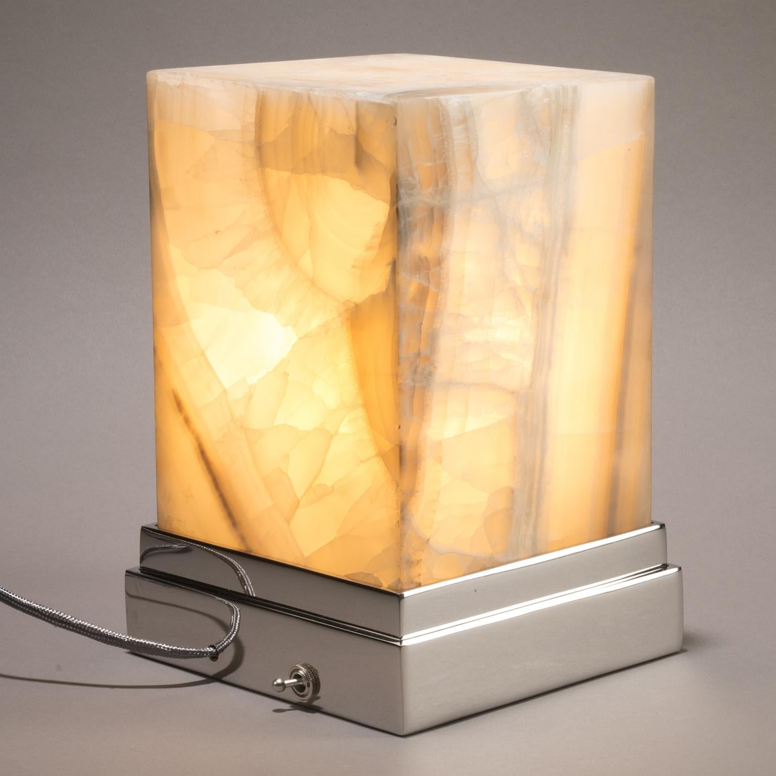 American Studio Greytak 'Small Glo 1' Aragonite 'Onyx' and Stainless Steel Lamp For Sale