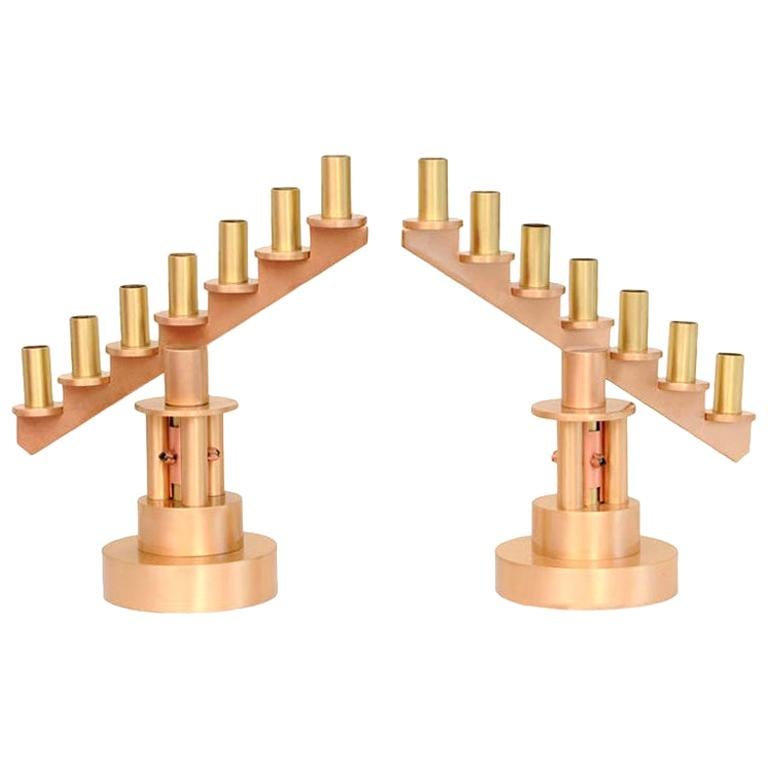 Studio Handwrought Bronze, Brass and Copper Candlesticks Mid-Century Modern For Sale