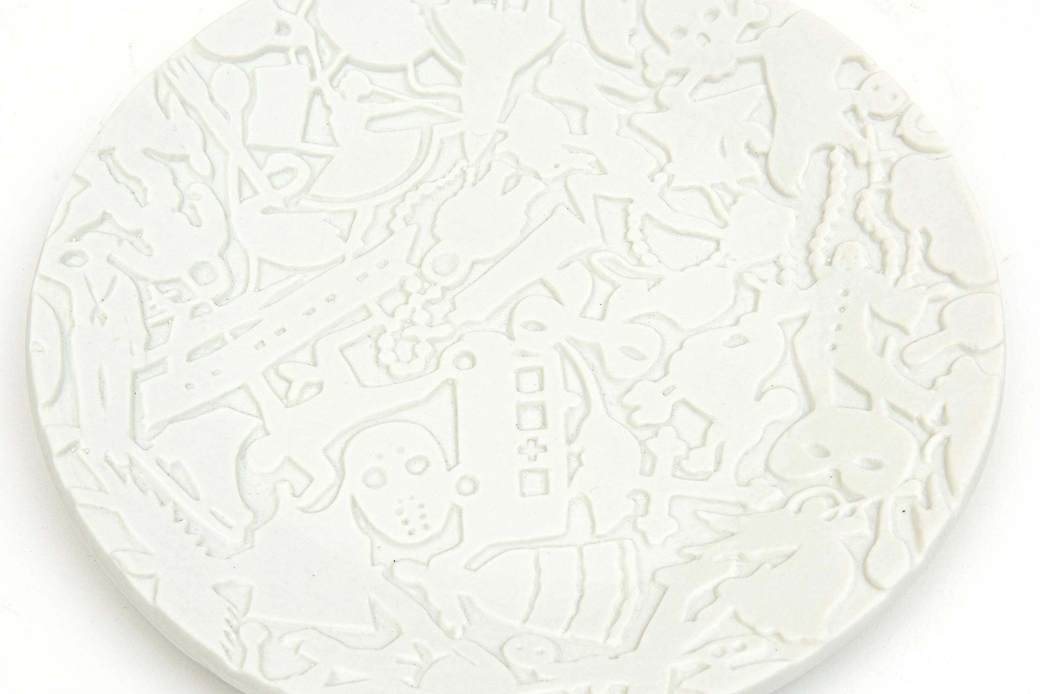 Modern Studio Job for Makkum Pottery Textural Relief White Matt Porcelain Plate For Sale