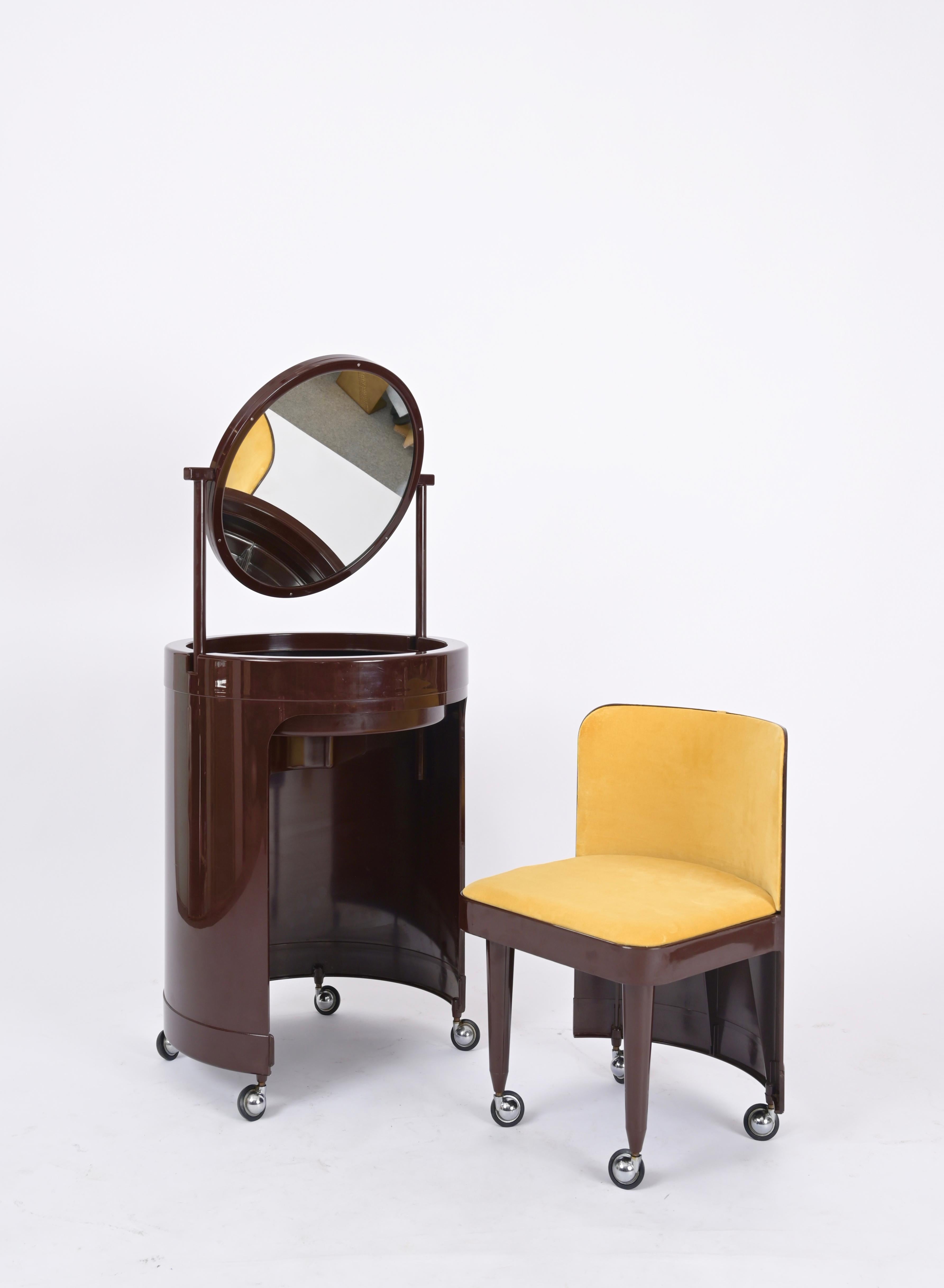 Studio Kastilia Silvi, Italian Brown Vanity Table with Yellow Seat, 1970s For Sale 3
