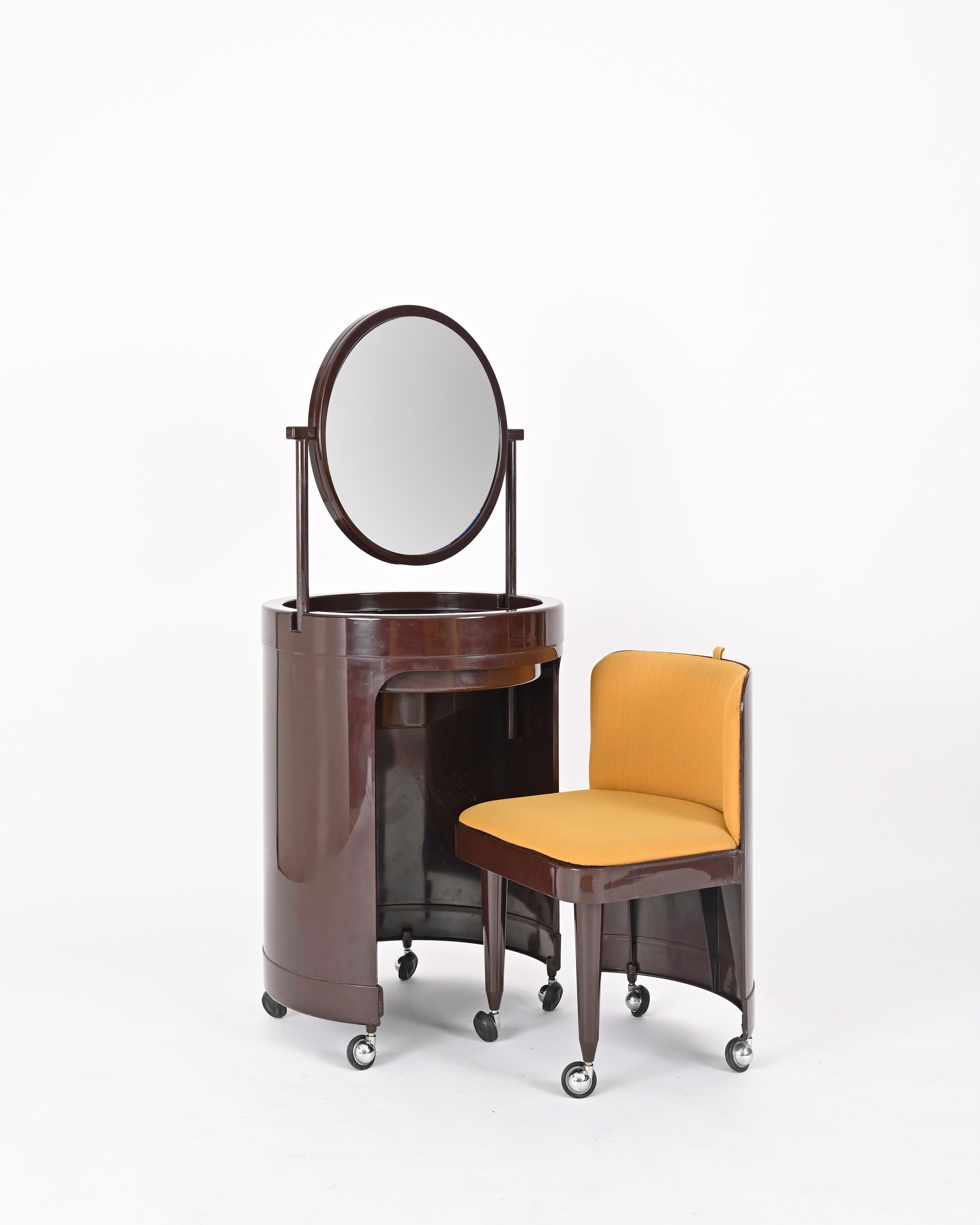 Late 20th Century Studio Kastilia Silvi, Italian Brown Vanity Table with Yellow Seat, 1970s