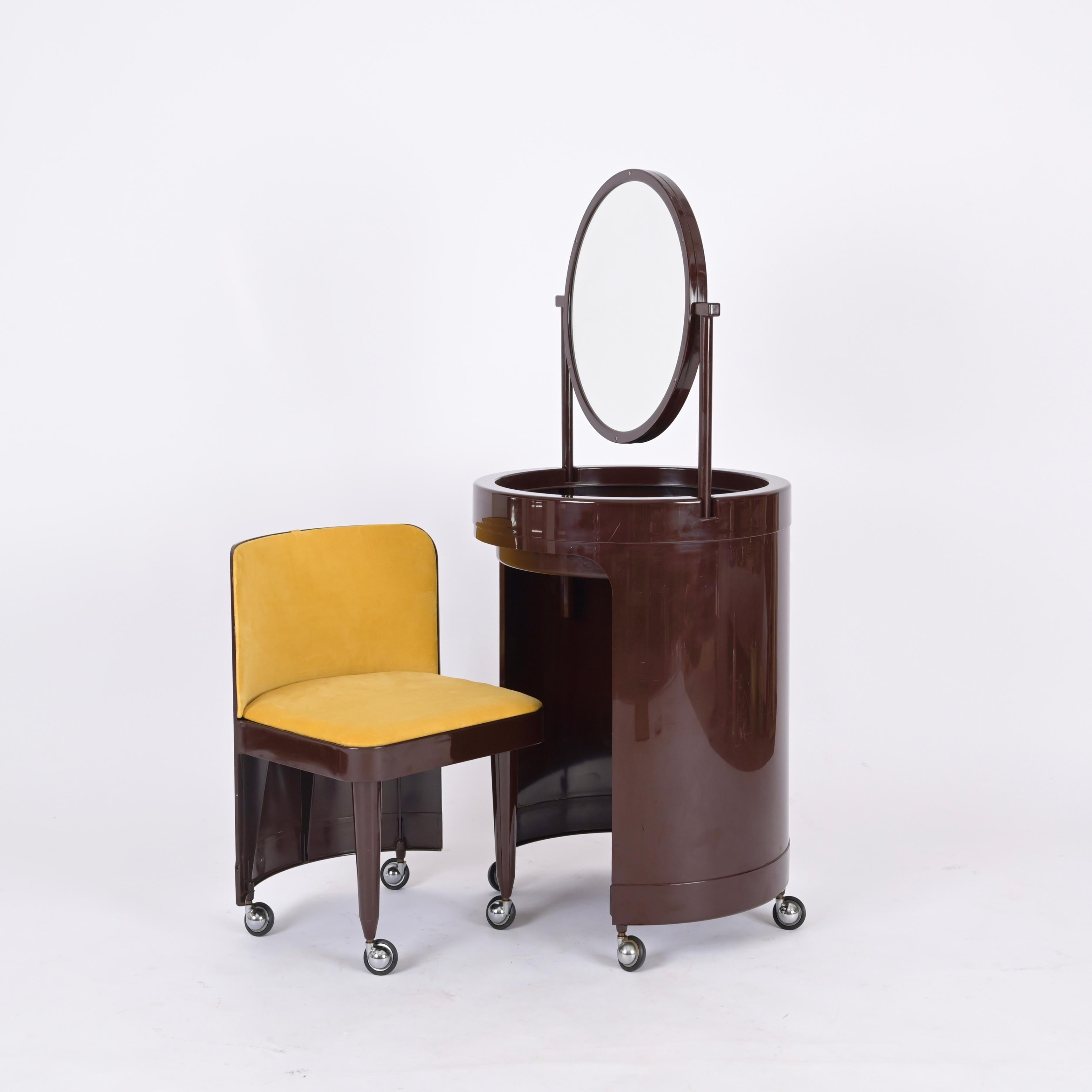Late 20th Century Studio Kastilia Silvi, Italian Brown Vanity Table with Yellow Seat, 1970s For Sale