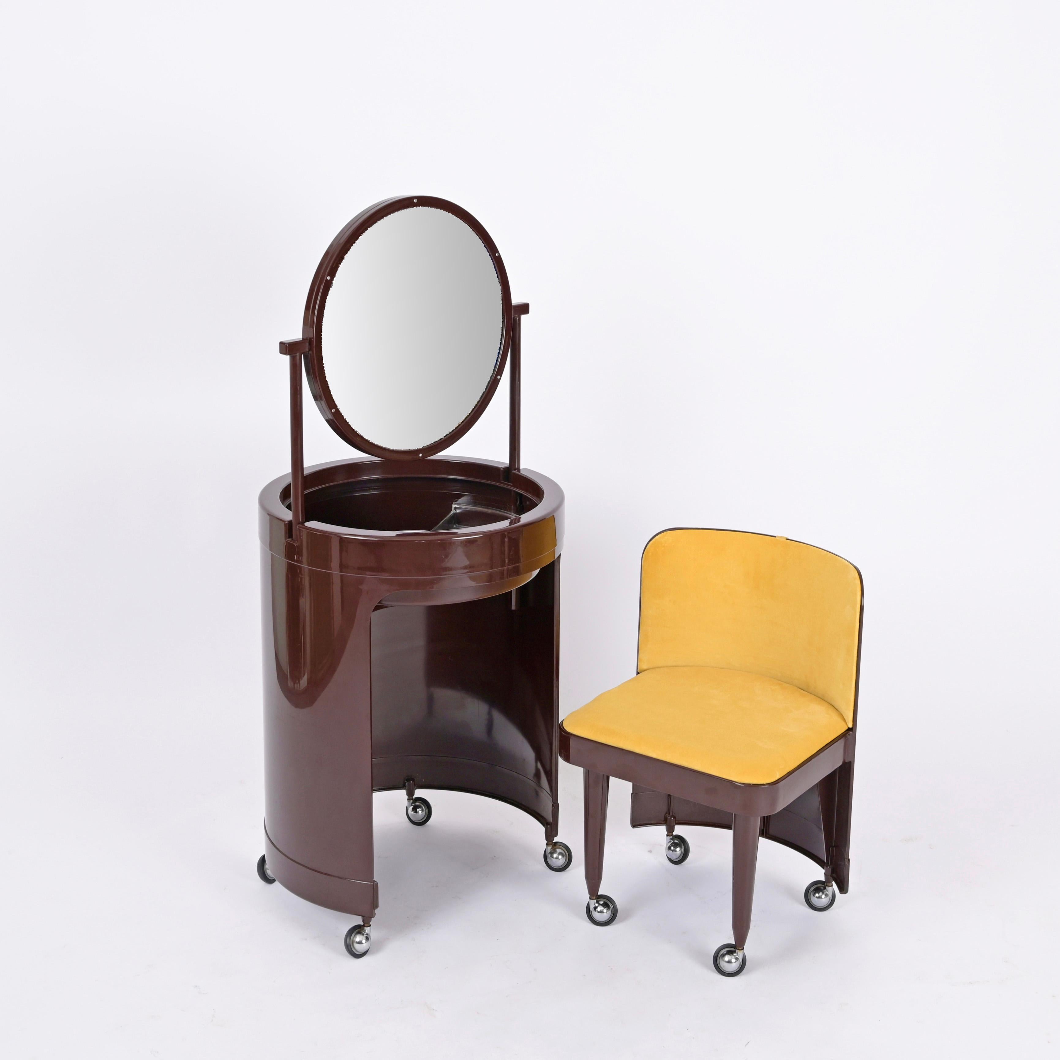 Studio Kastilia Silvi, Italian Brown Vanity Table with Yellow Seat, 1970s For Sale 2