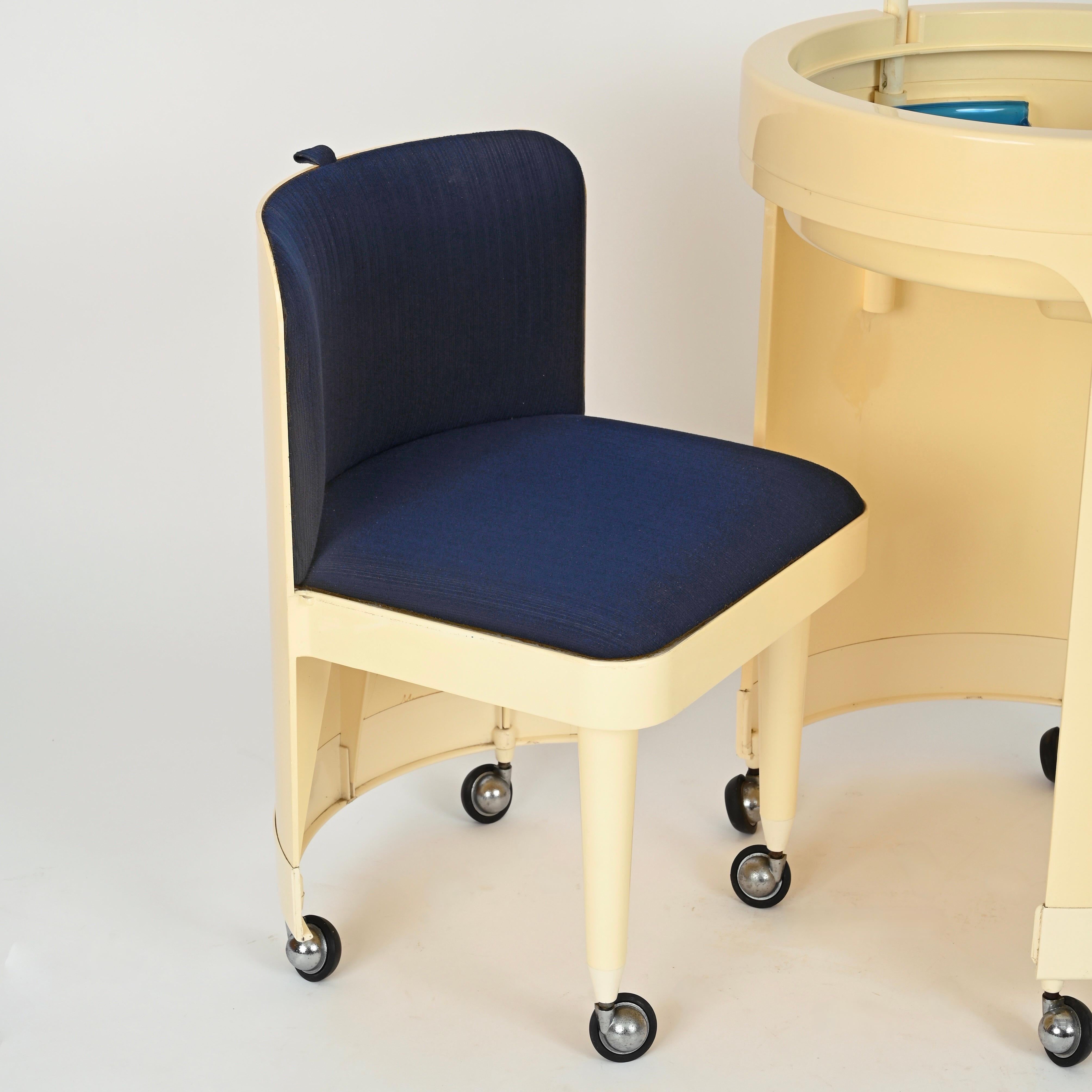Studio Kastilia Silvi, Italian Cream Vanity Table with Blue Velvet Seat, 1970s 9