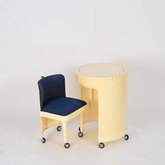 Studio Kastilia Silvi, Italian Cream Vanity Table with Blue Velvet Seat, 1970s