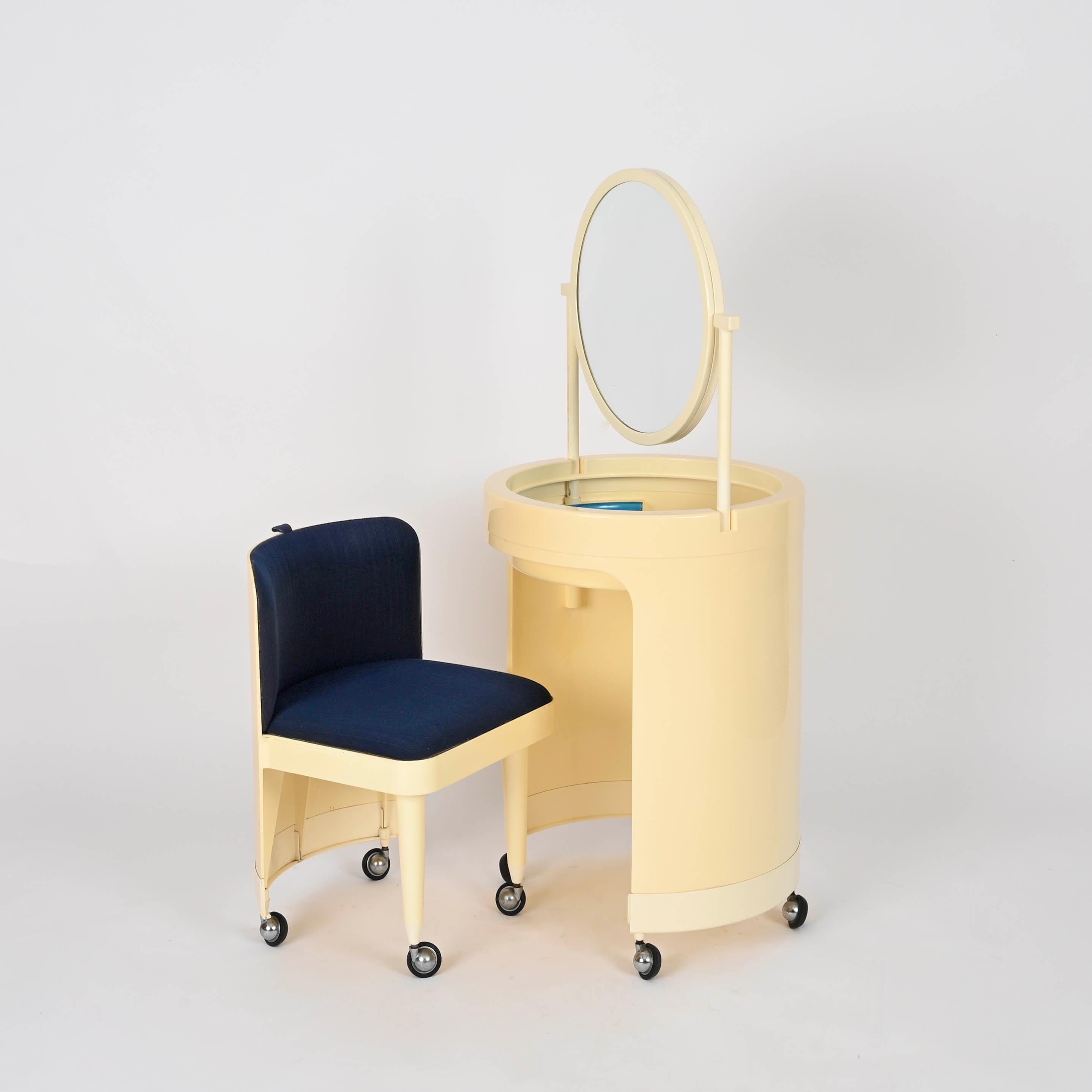 Late 20th Century Studio Kastilia Silvi, Italian Cream Vanity Table with Blue Velvet Seat, 1970s