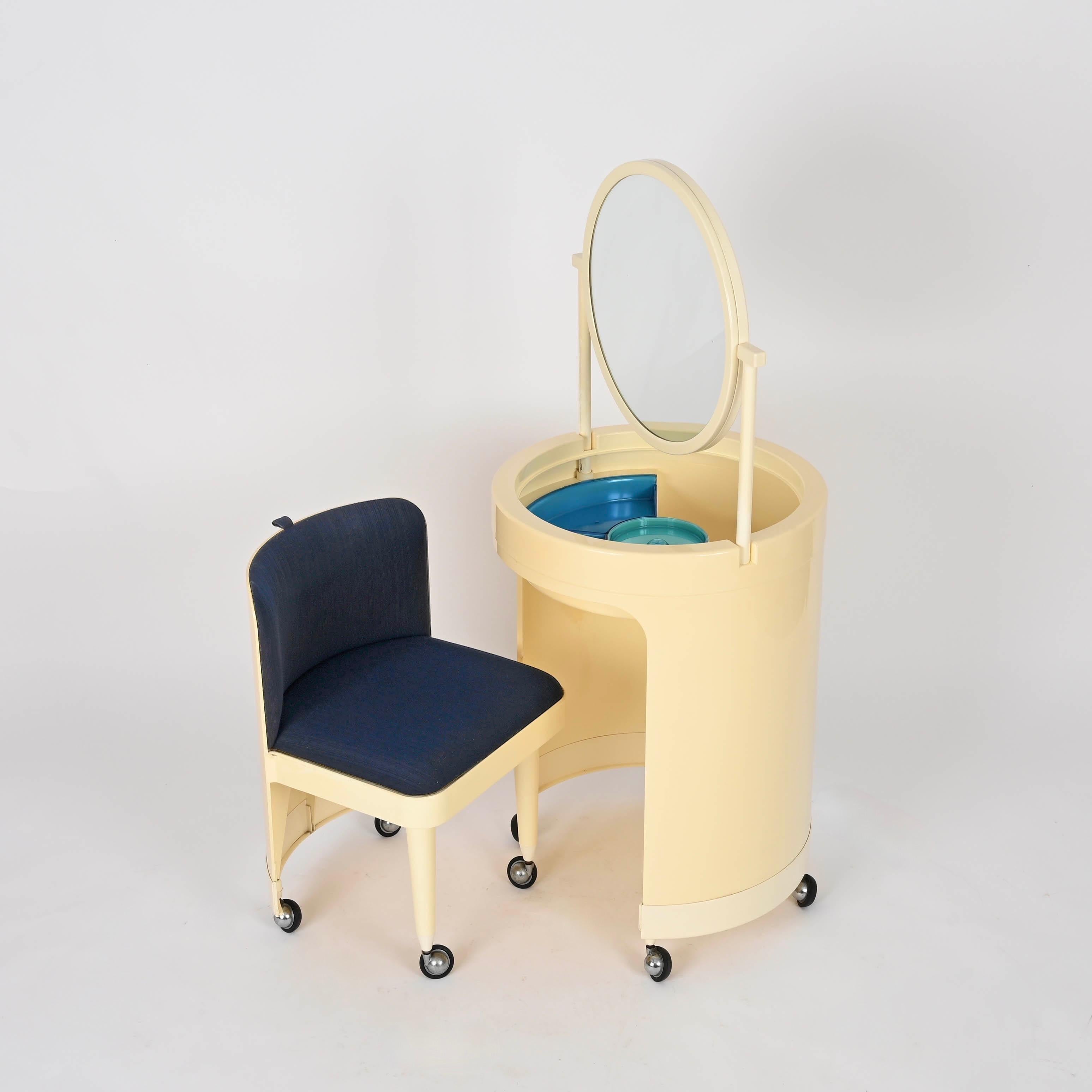 Metal Studio Kastilia Silvi, Italian Cream Vanity Table with Blue Velvet Seat, 1970s