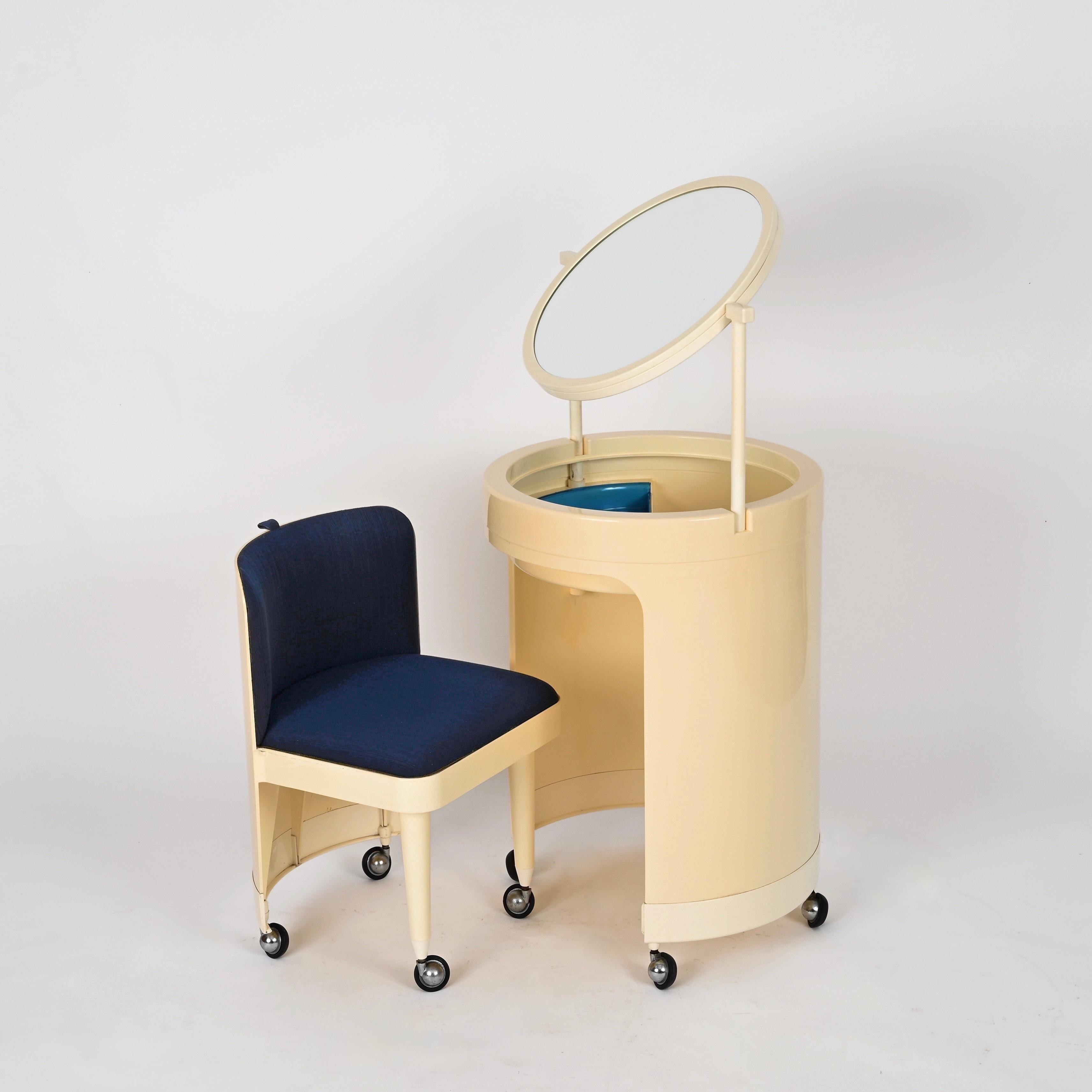Studio Kastilia Silvi, Italian Cream Vanity Table with Blue Velvet Seat, 1970s 1