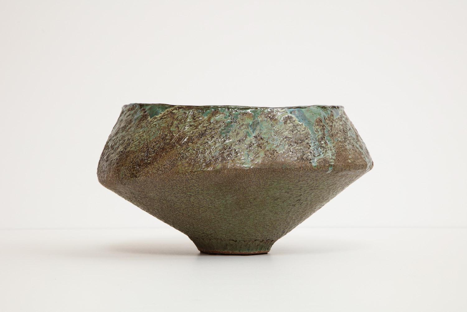Hand-built centerpiece bowl asymmetric form of glazed stoneware. Signed and dated on underside.