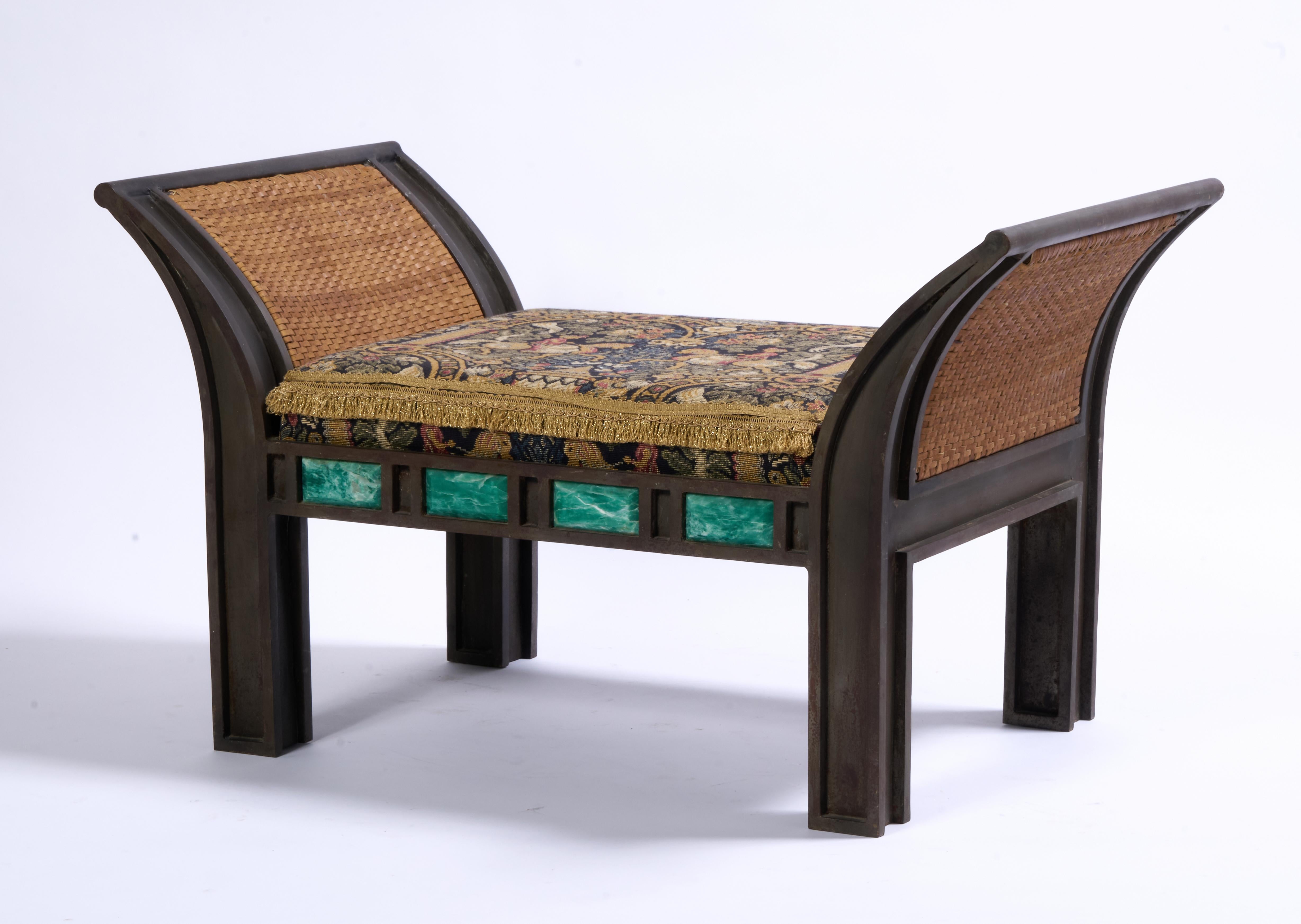 Studio Made Bench in Steel, Leather, Tapestry Fabric (Böhmisch) im Angebot