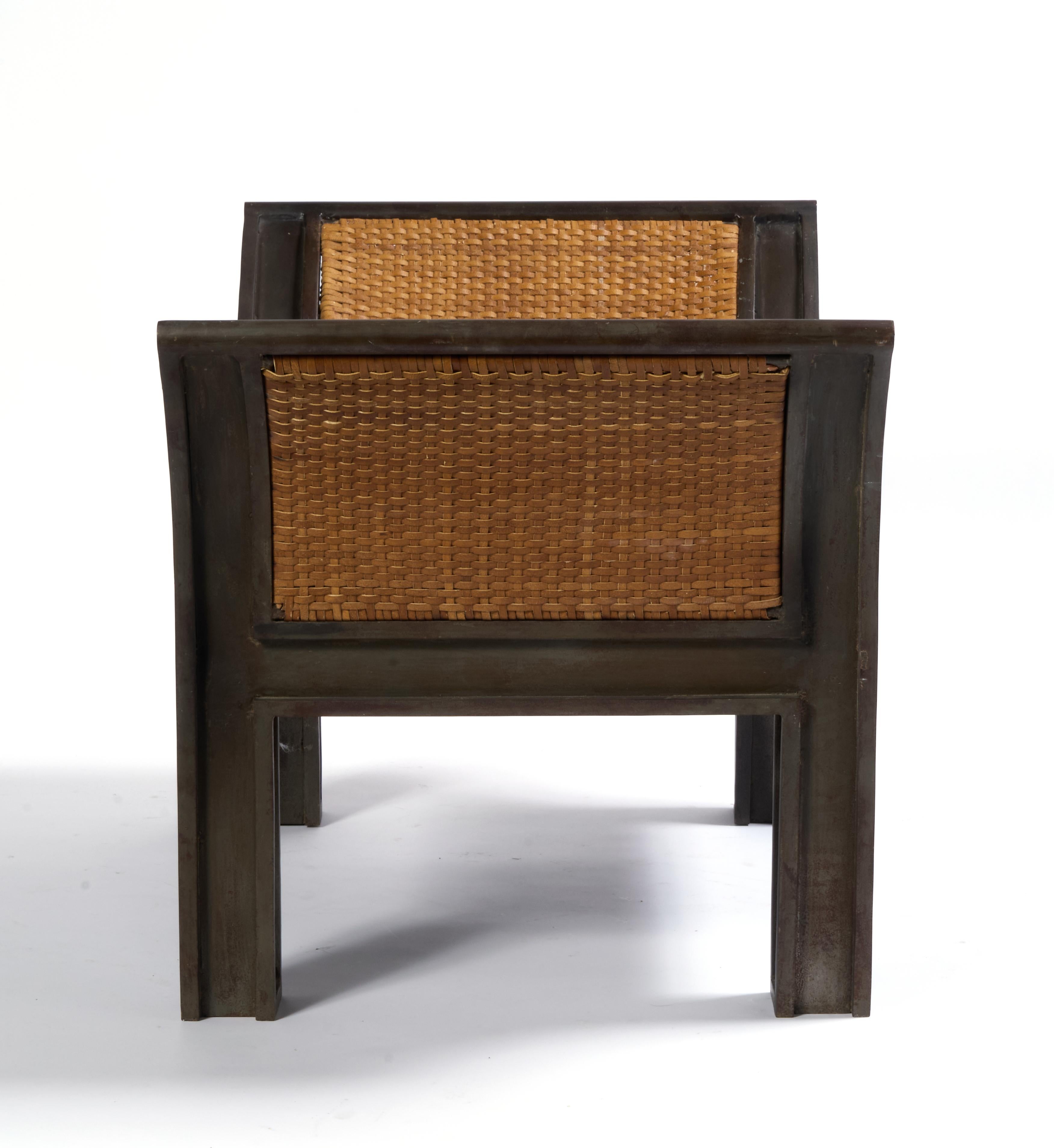 Studio Made Bench in Steel, Leather, Tapestry Fabric (Metallarbeit) im Angebot