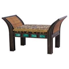 Studio Made Bench in Steel, Leather, Tapestry Fabric