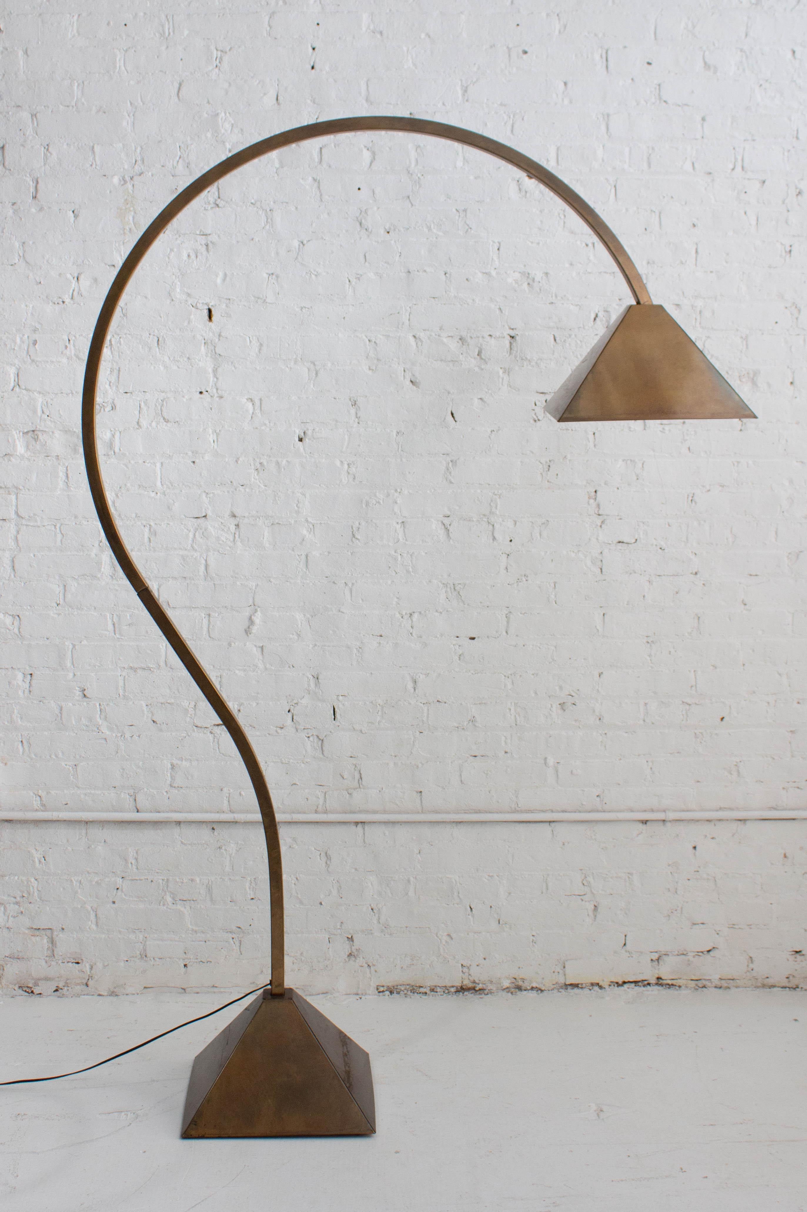 Studio Made Burnished Brass Arc Floor Lamp In Good Condition For Sale In Brooklyn, NY