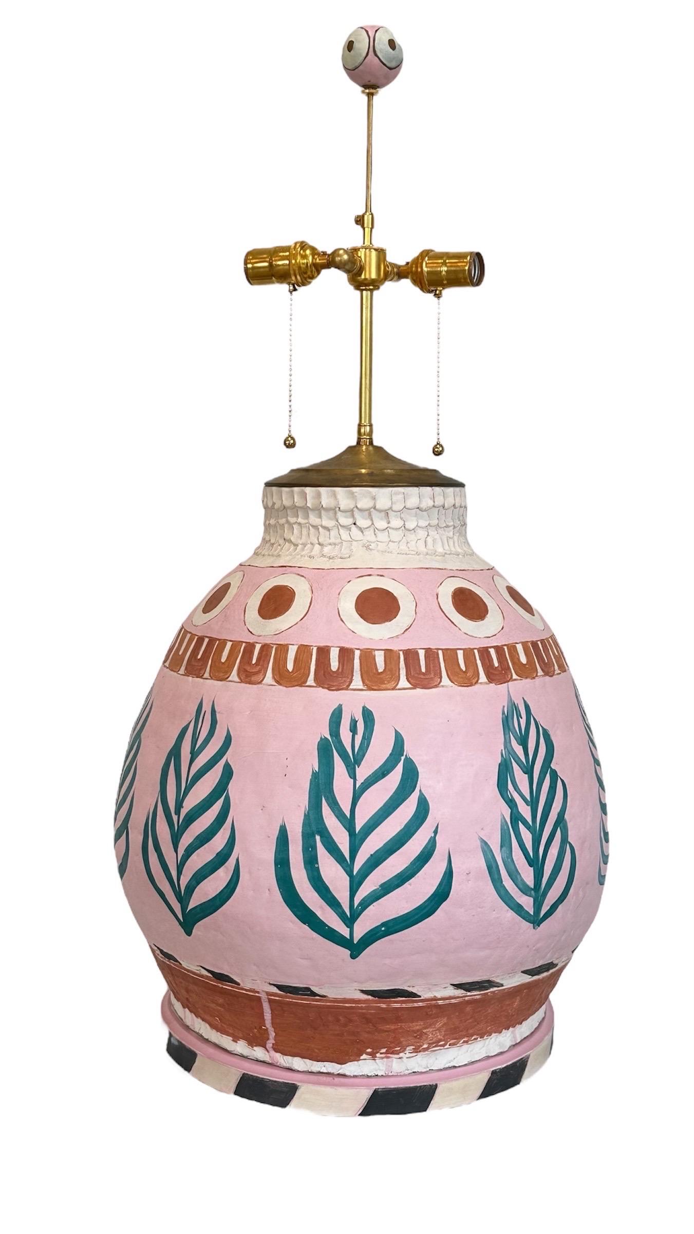 American Studio made ceramic lamp in pink, rust and turquoise