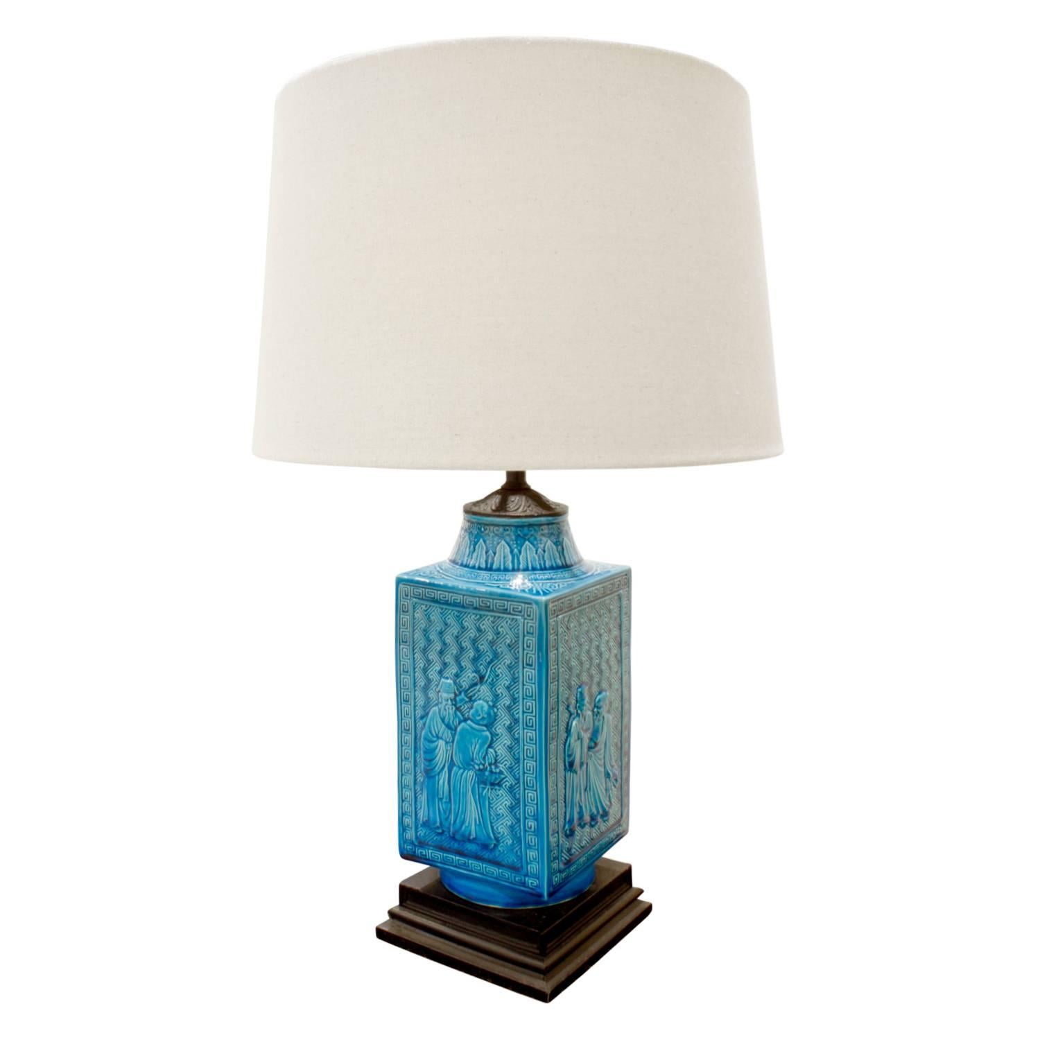 Studio made ceramic table lamp with deep blue glaze and Chinese motifs, American, 1950s.

Measure: Shade diameter 14 inches.