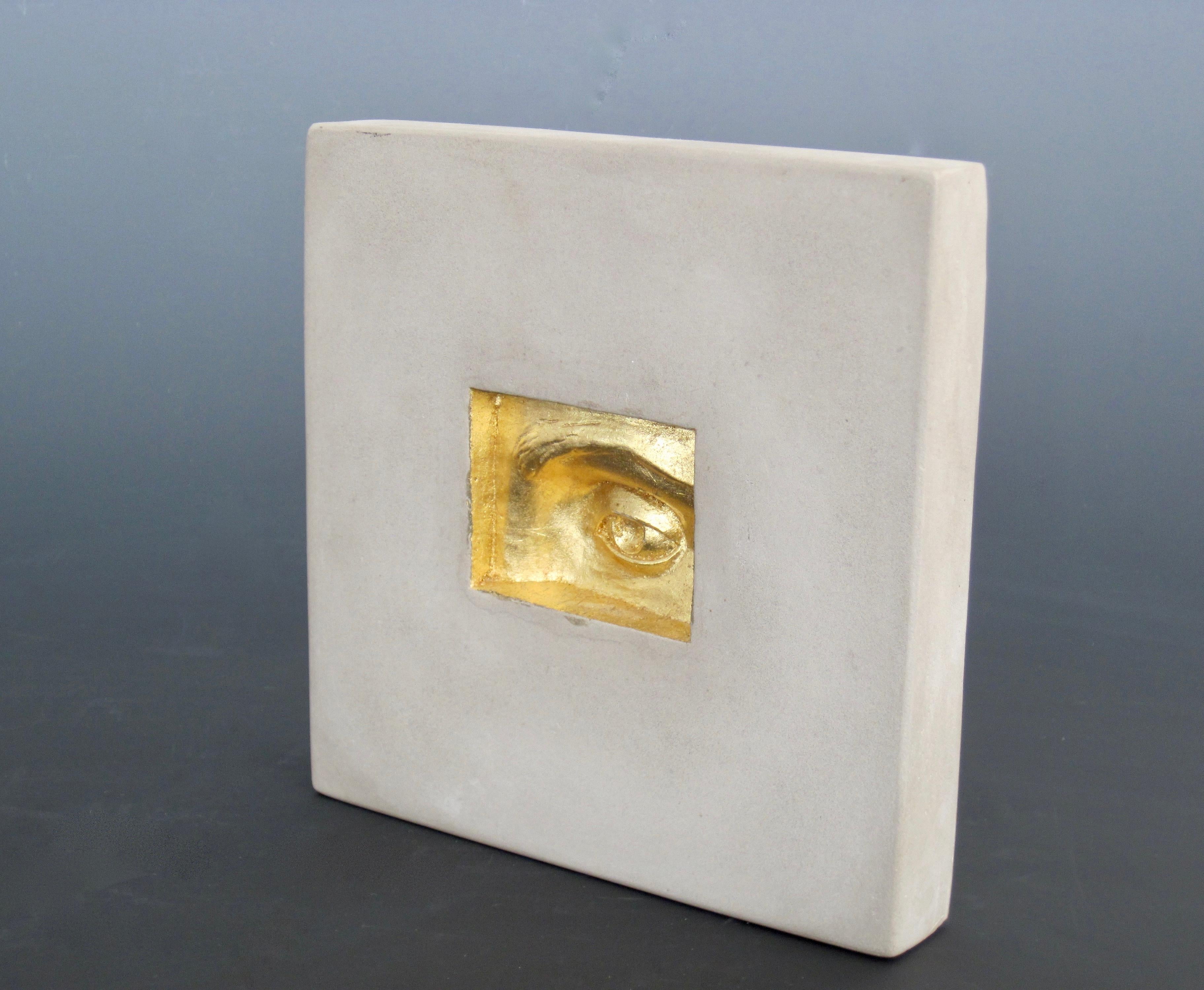 Studio Made Concrete & Gold Gilt Relief Art Tiles, Set of Four, Hand Signed For Sale 6