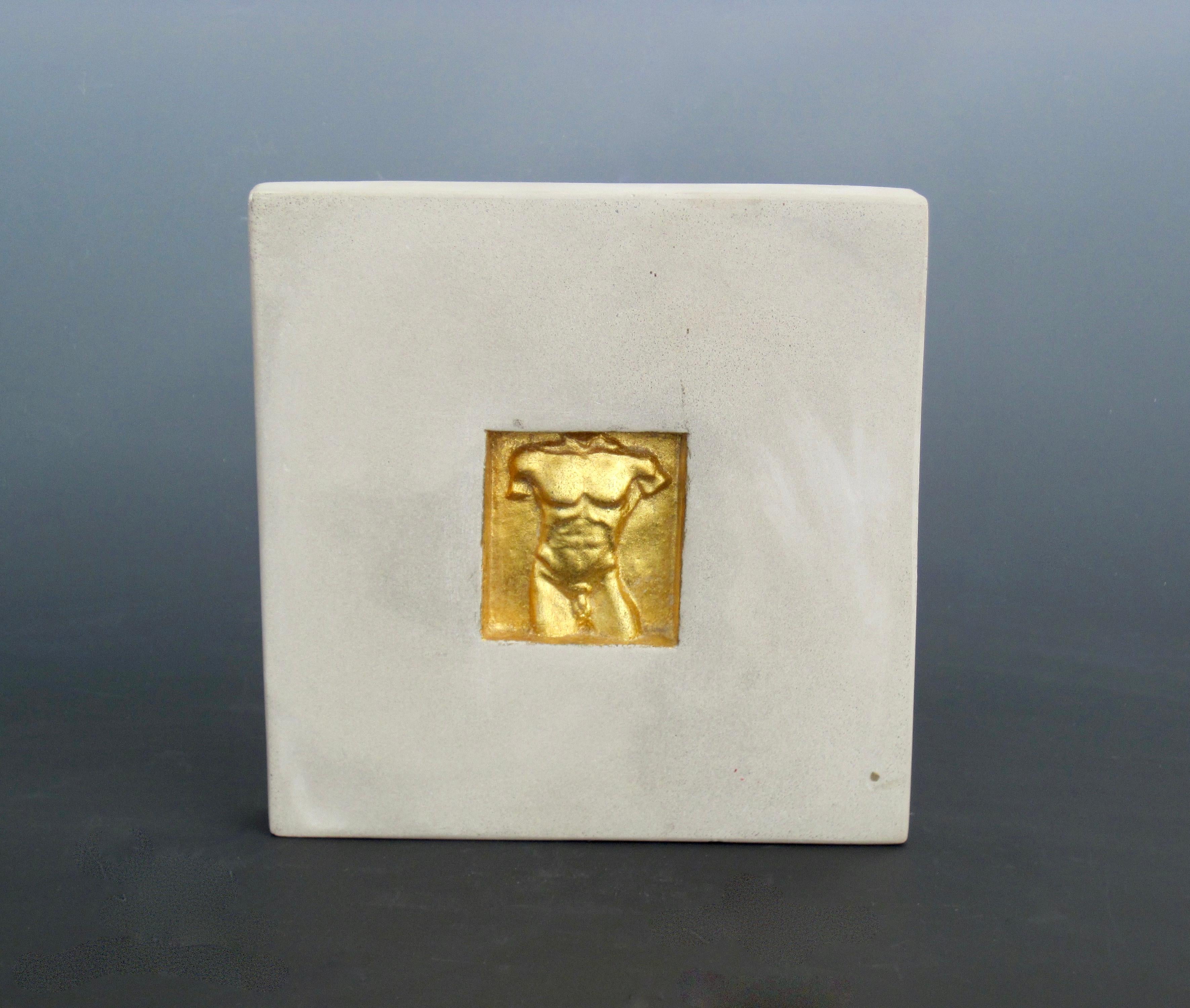 Studio Made Concrete & Gold Gilt Relief Art Tiles, Set of Four, Hand Signed For Sale 9