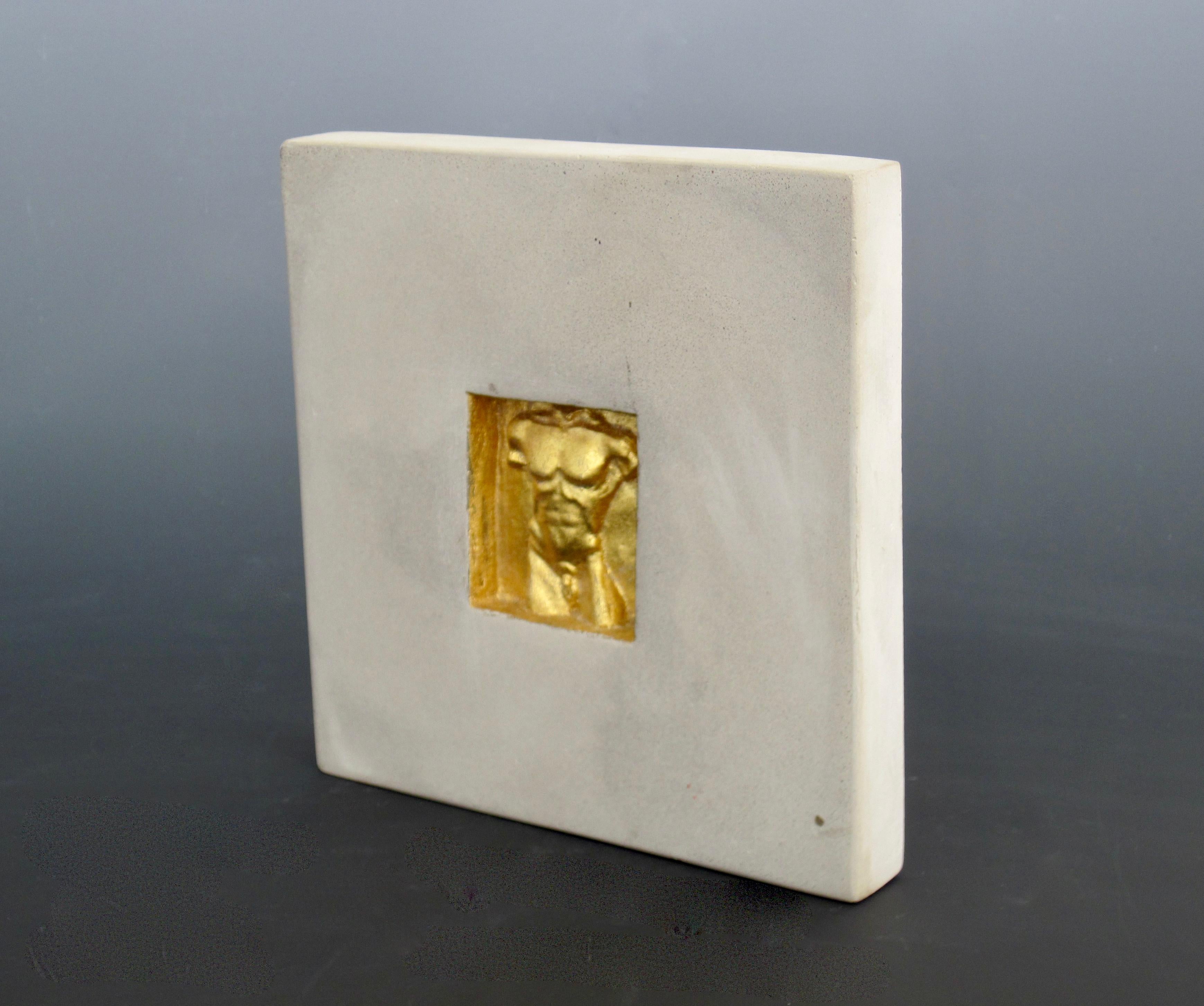 Studio Made Concrete & Gold Gilt Relief Art Tiles, Set of Four, Hand Signed For Sale 10