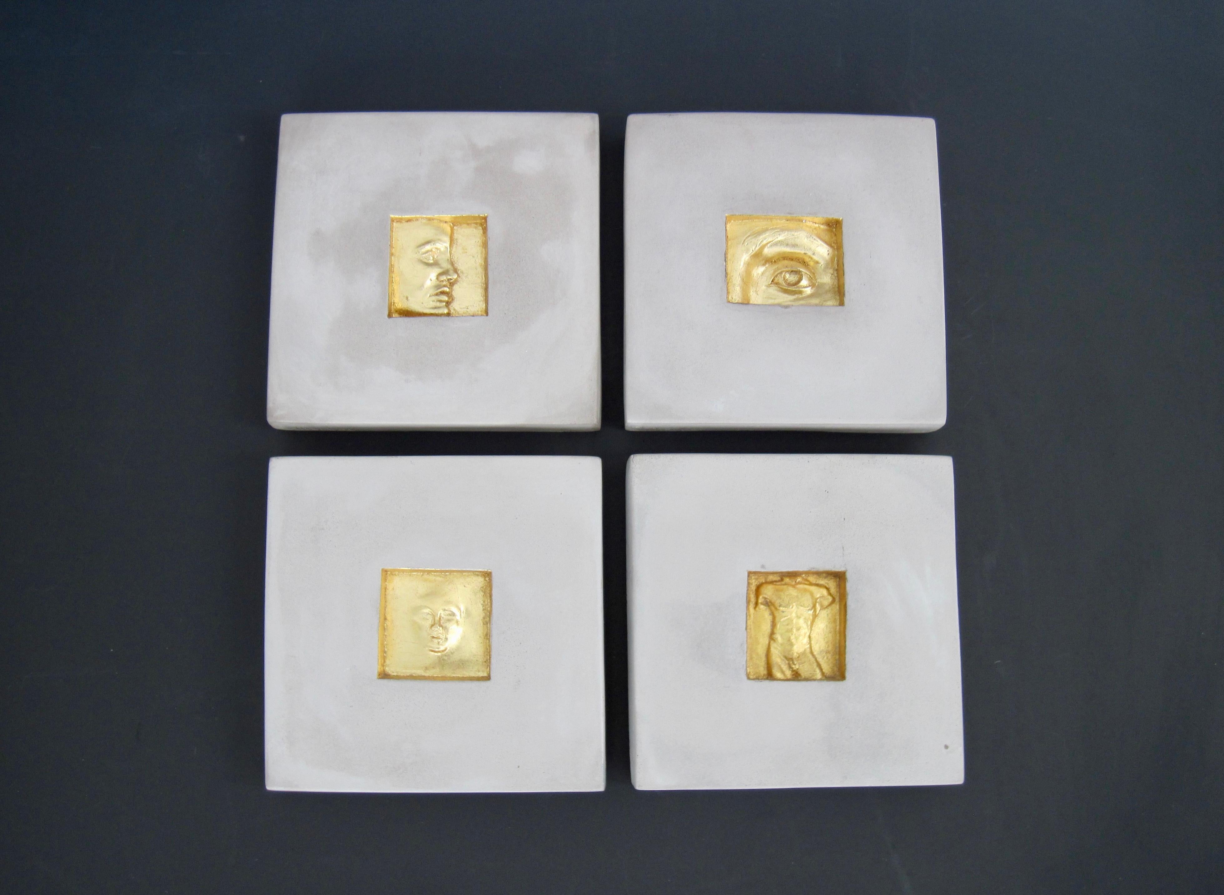 Studio Made Concrete & Gold Gilt Relief Art Tiles, Set of Four, Hand Signed For Sale 13