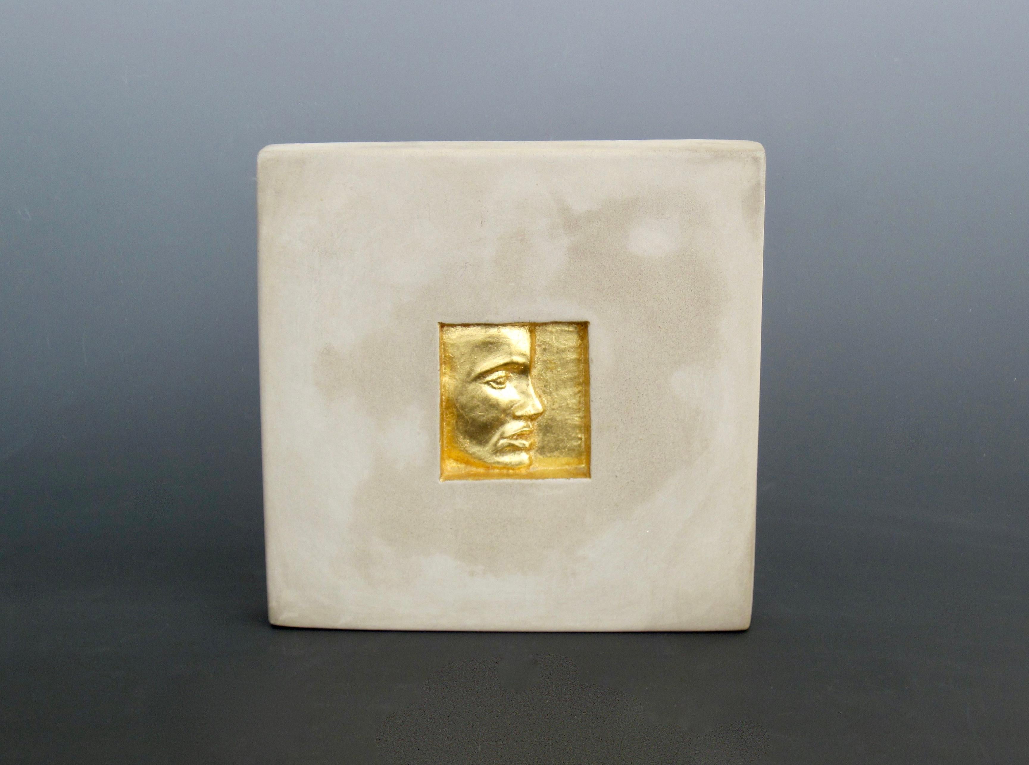 Modern Studio Made Concrete & Gold Gilt Relief Art Tiles, Set of Four, Hand Signed For Sale