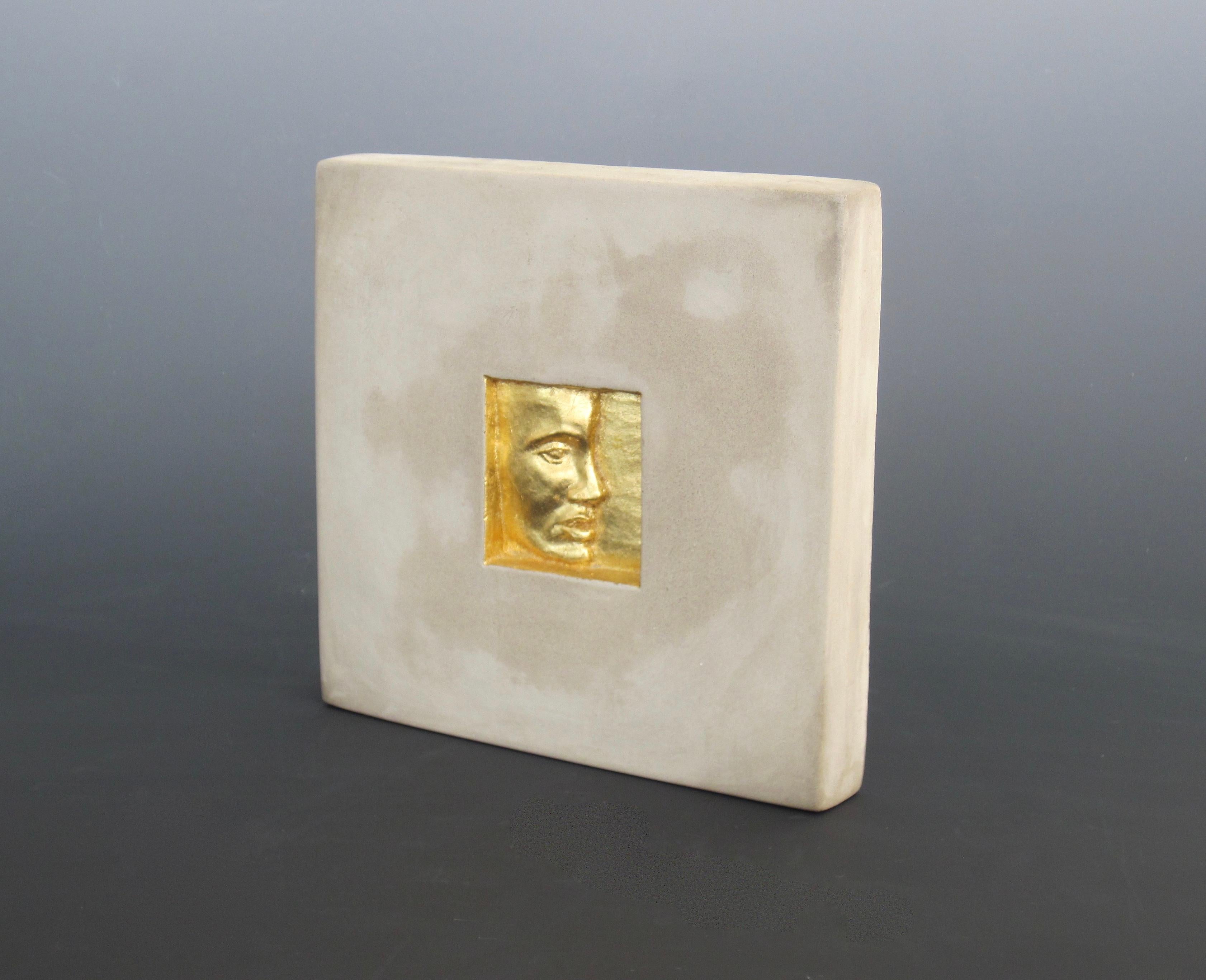 Studio Made Concrete & Gold Gilt Relief Art Tiles, Set of Four, Hand Signed In Good Condition For Sale In Ferndale, MI