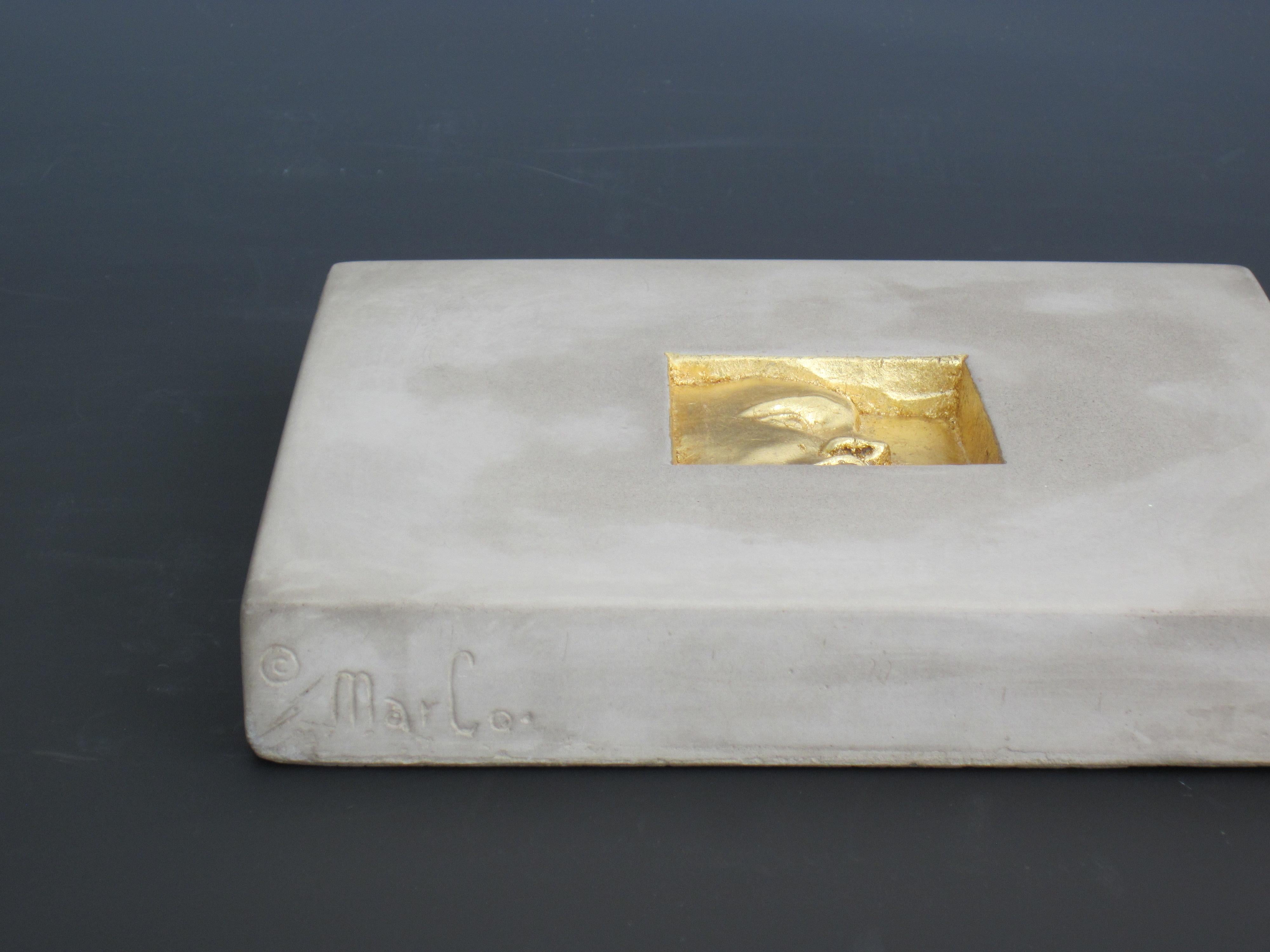 Gold Leaf Studio Made Concrete & Gold Gilt Relief Art Tiles, Set of Four, Hand Signed For Sale