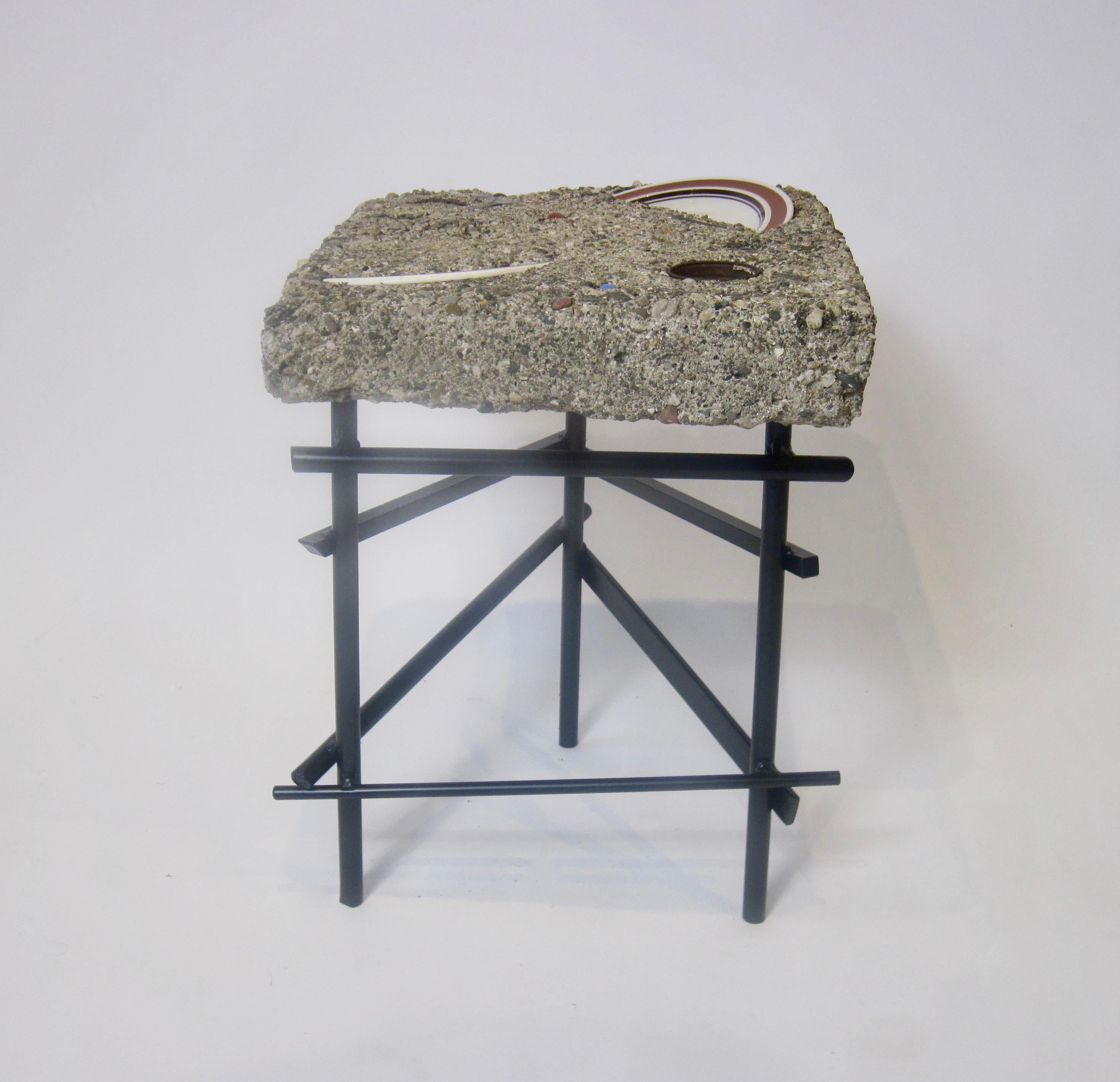 Studio Made Found Objects Cement Table with Sculptural Steel Base (Table en ciment avec base sculpturale en acier) en vente 3