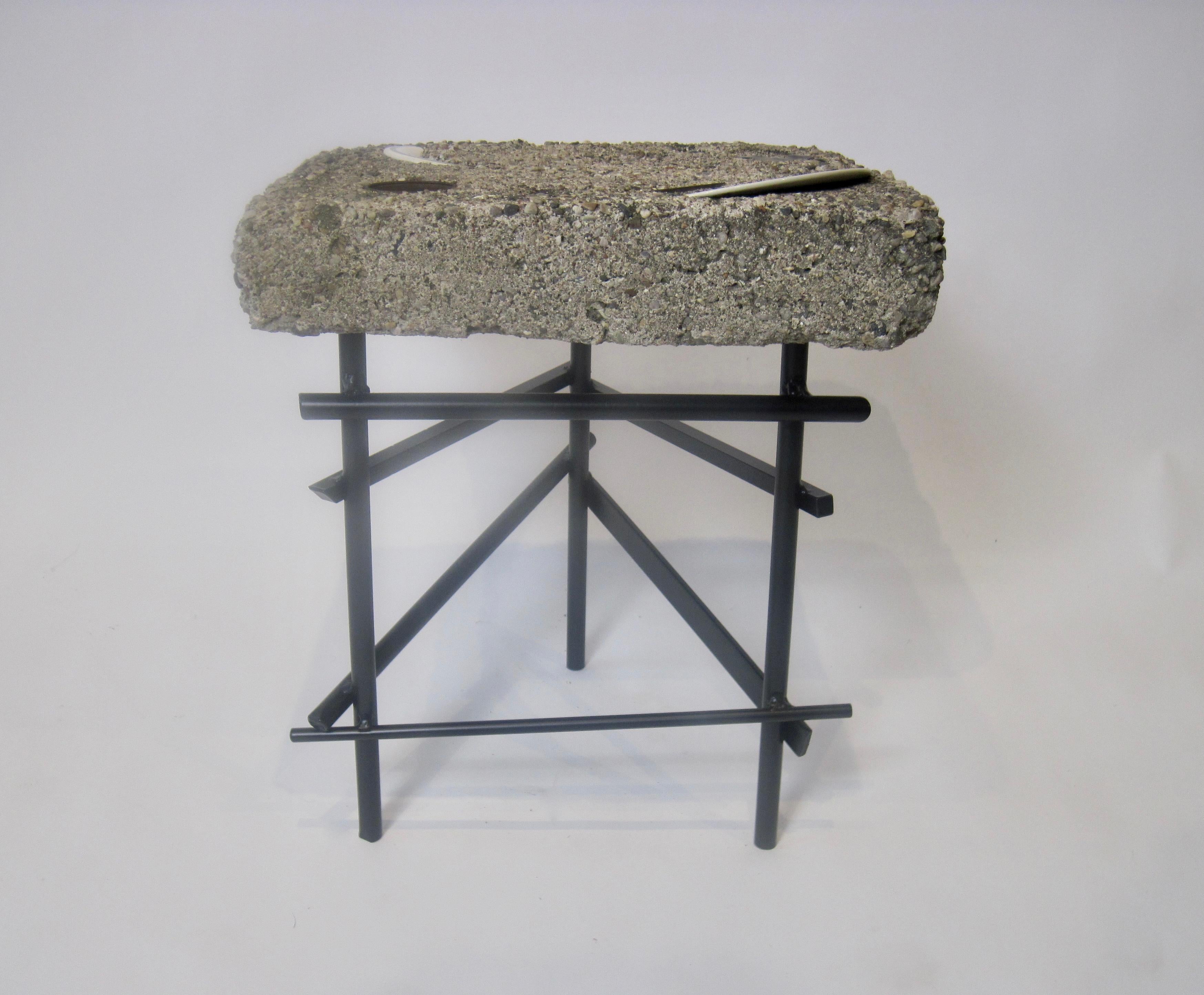 Studio Made Found Objects Cement Table with Sculptural Steel Base (Table en ciment avec base sculpturale en acier)  en vente 1