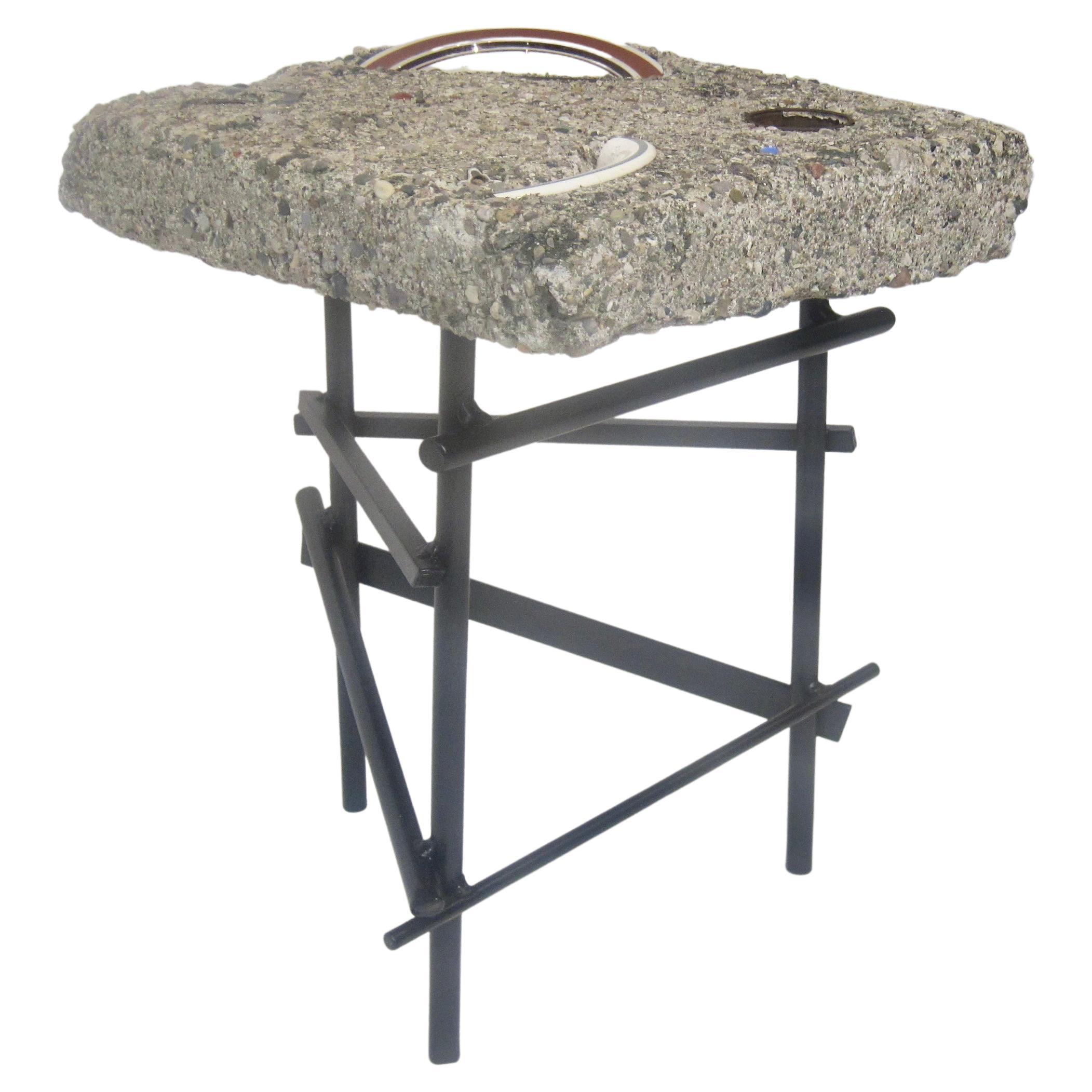 Studio Made Found Objects Cement Table with Sculptural Steel Base (Table en ciment avec base sculpturale en acier)  en vente