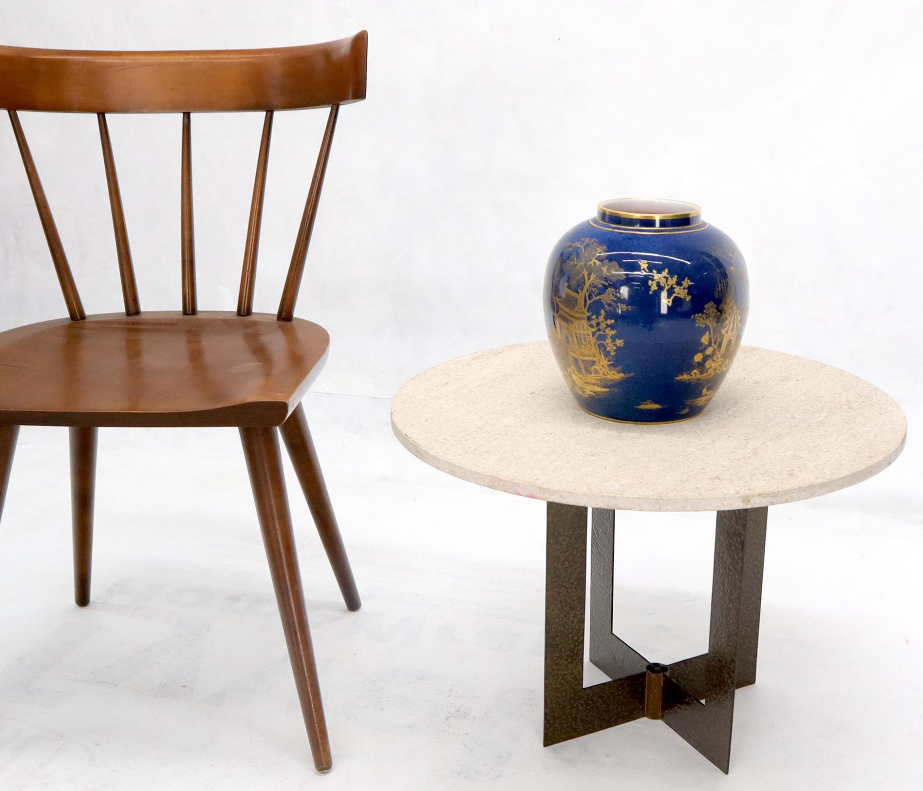 American Studio Made Hammered Braised Copper Base Round Travertine Top Side End Table