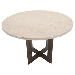 Studio Made Hammered Braised Copper Base Round Travertine Top Side End Table