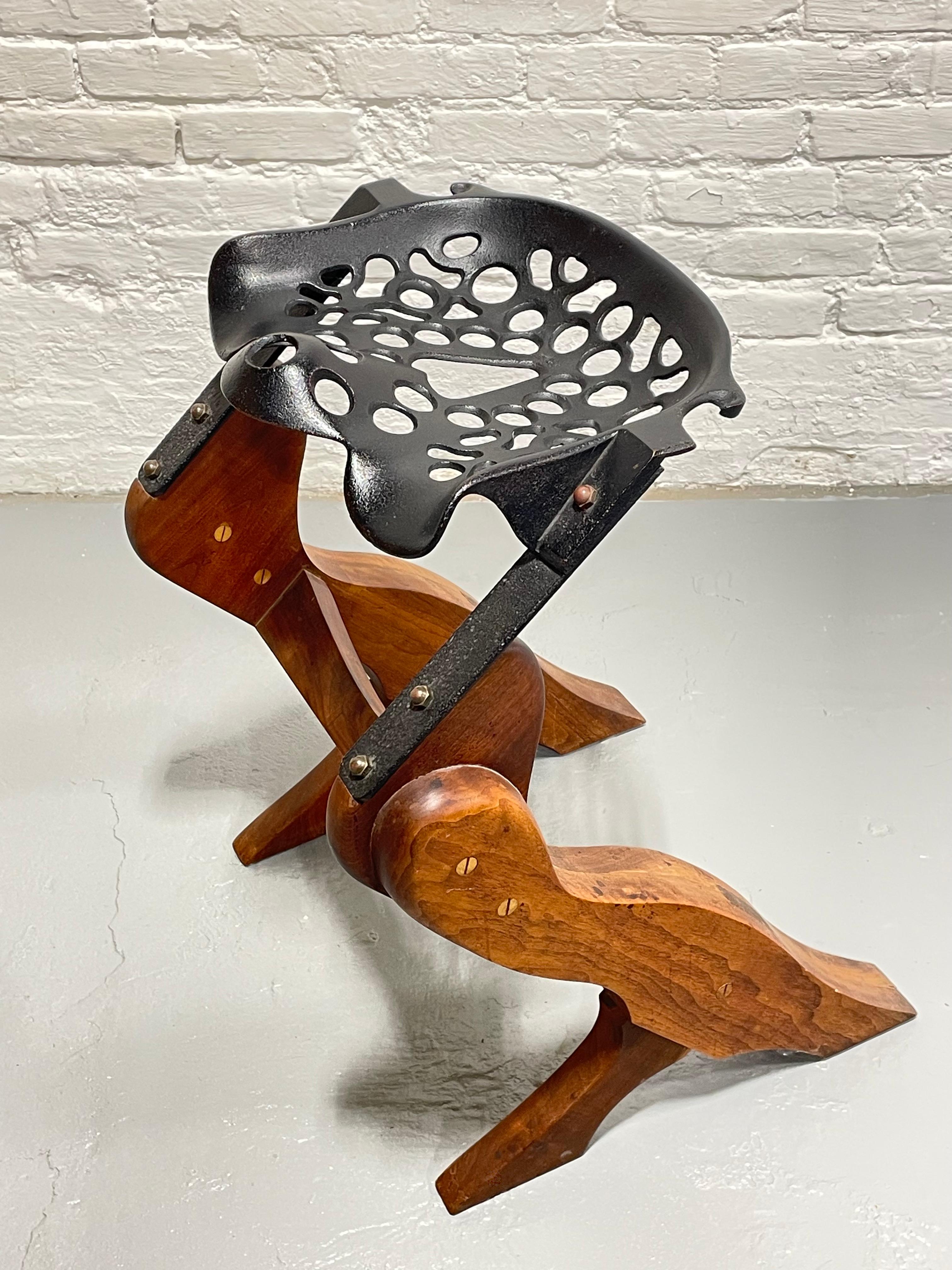 Studio Made Handcrafted Solid WALNUT + Cast Iron Tractor Seat STOOL /  CHAIR In Good Condition For Sale In Weehawken, NJ